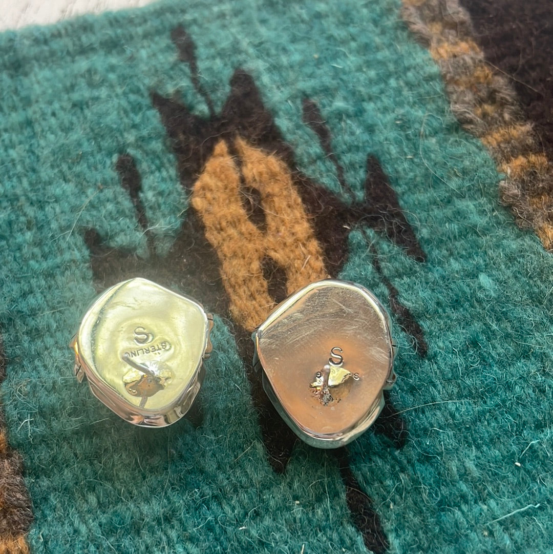 Navajo Sterling Silver & Rhodochrosite Stone Post Earrings Signed