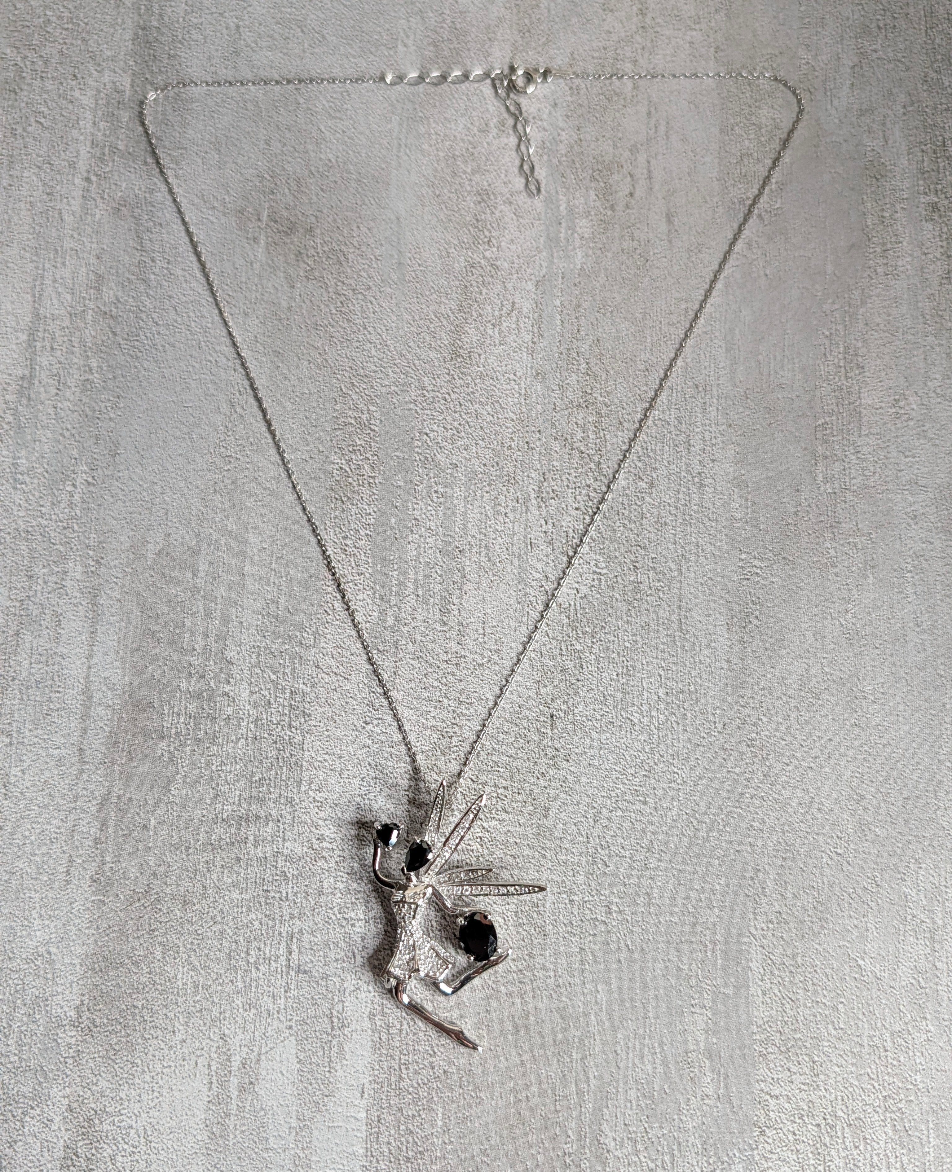 Sterling Silver CZ & Black Onyx Fairy Pendant Necklace