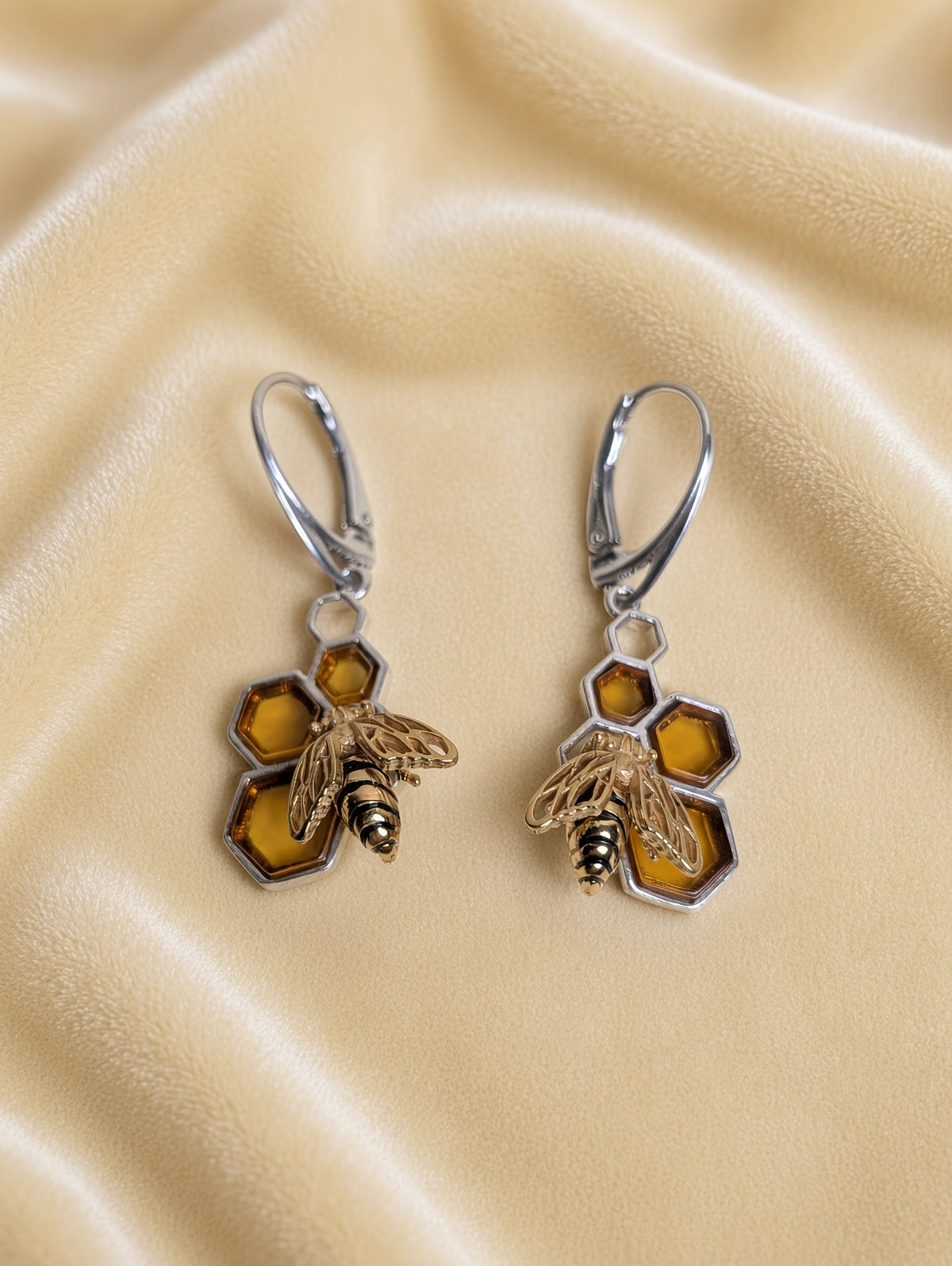 Handmade Bee Honeycomb Honey Cognac Cabochons & Sterling Silver Leverback Earrings