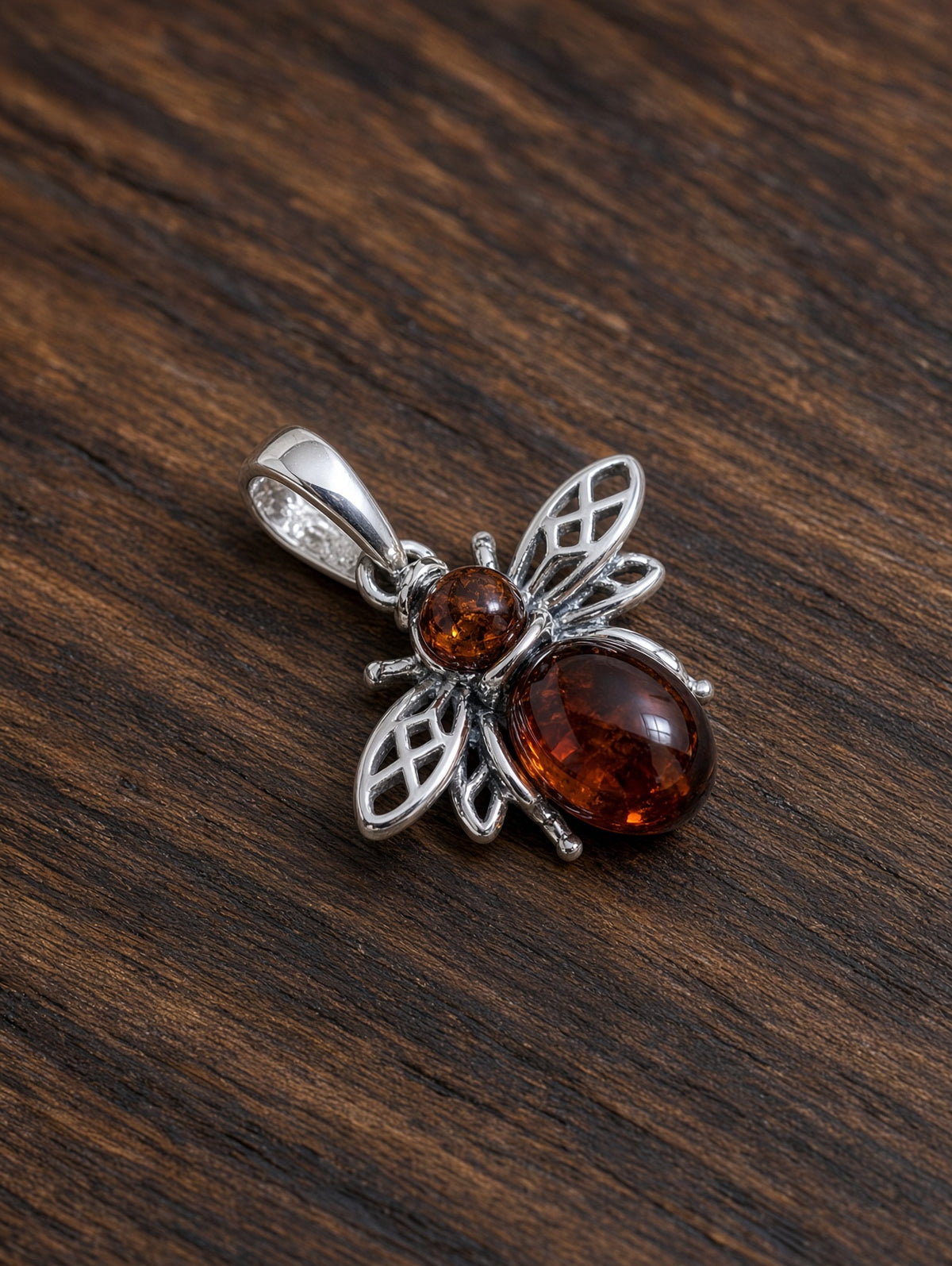 Handmade Bee Red Honey Cognac Cabochon & Sterling Silver Pendant