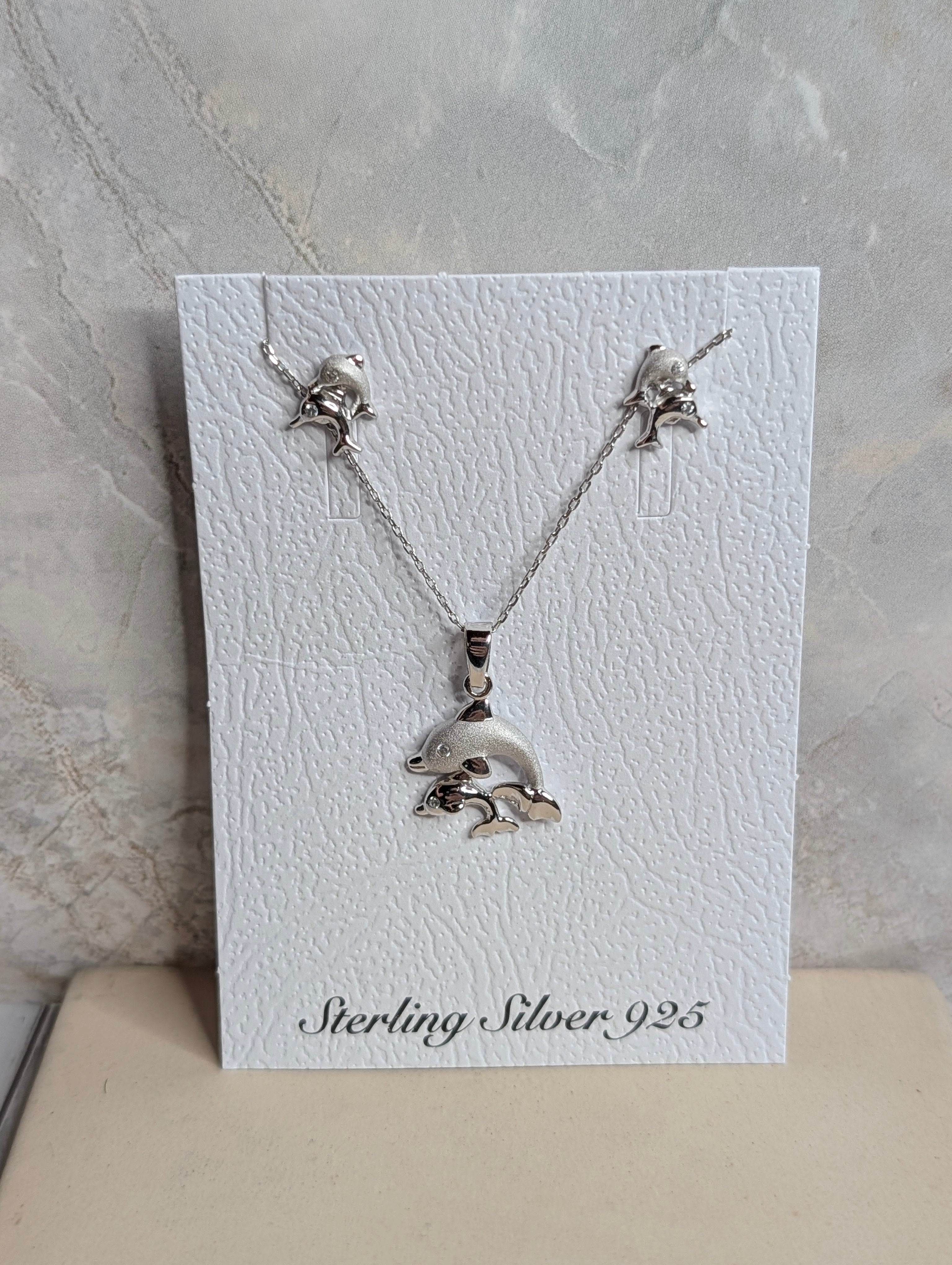 Sterling Silver CZ Double Dolphin Earrings & Necklace Jewelry Set