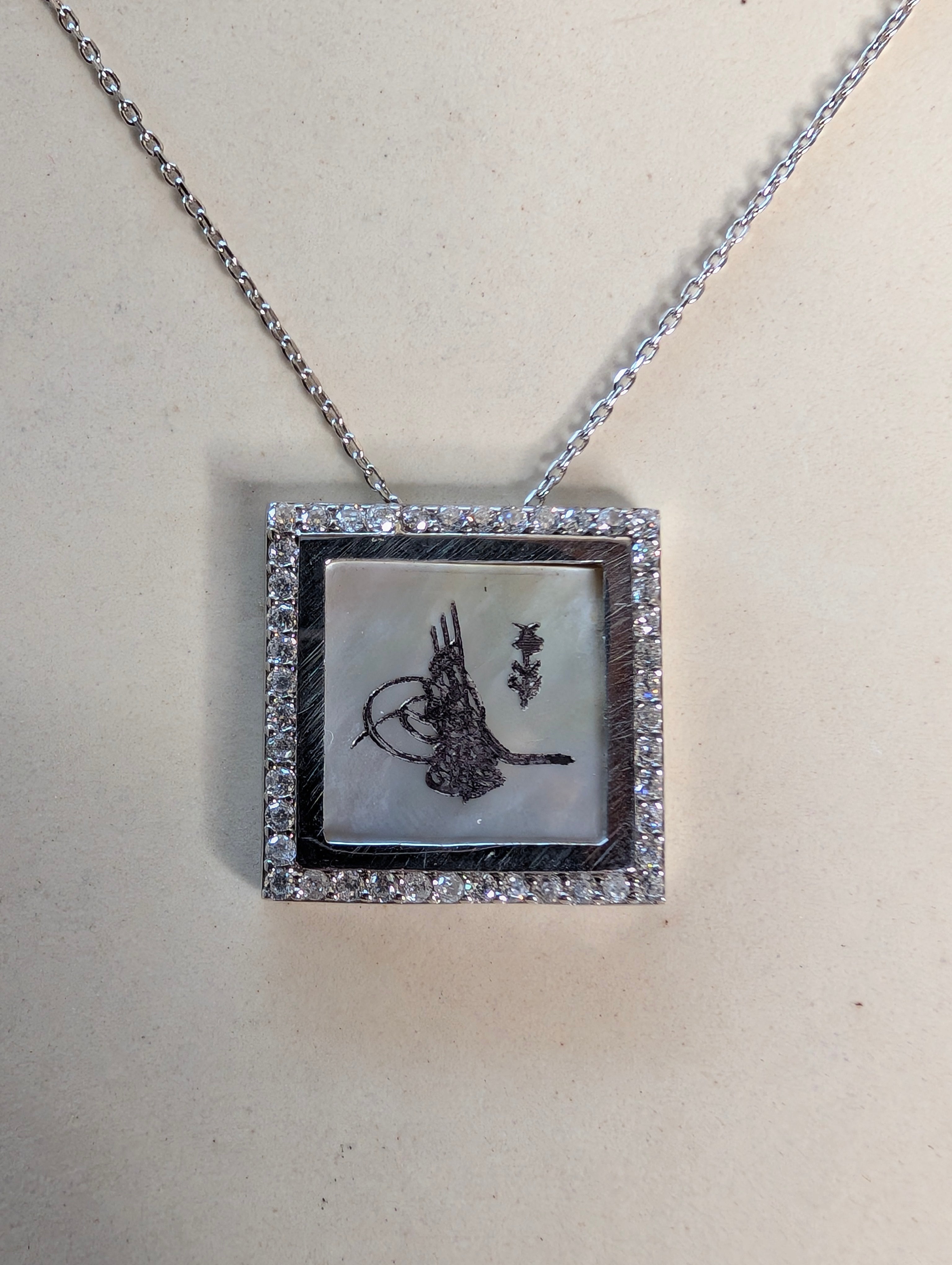 Sterling Silver CZ Tughra Inlay Calligraphy Pendant Necklace