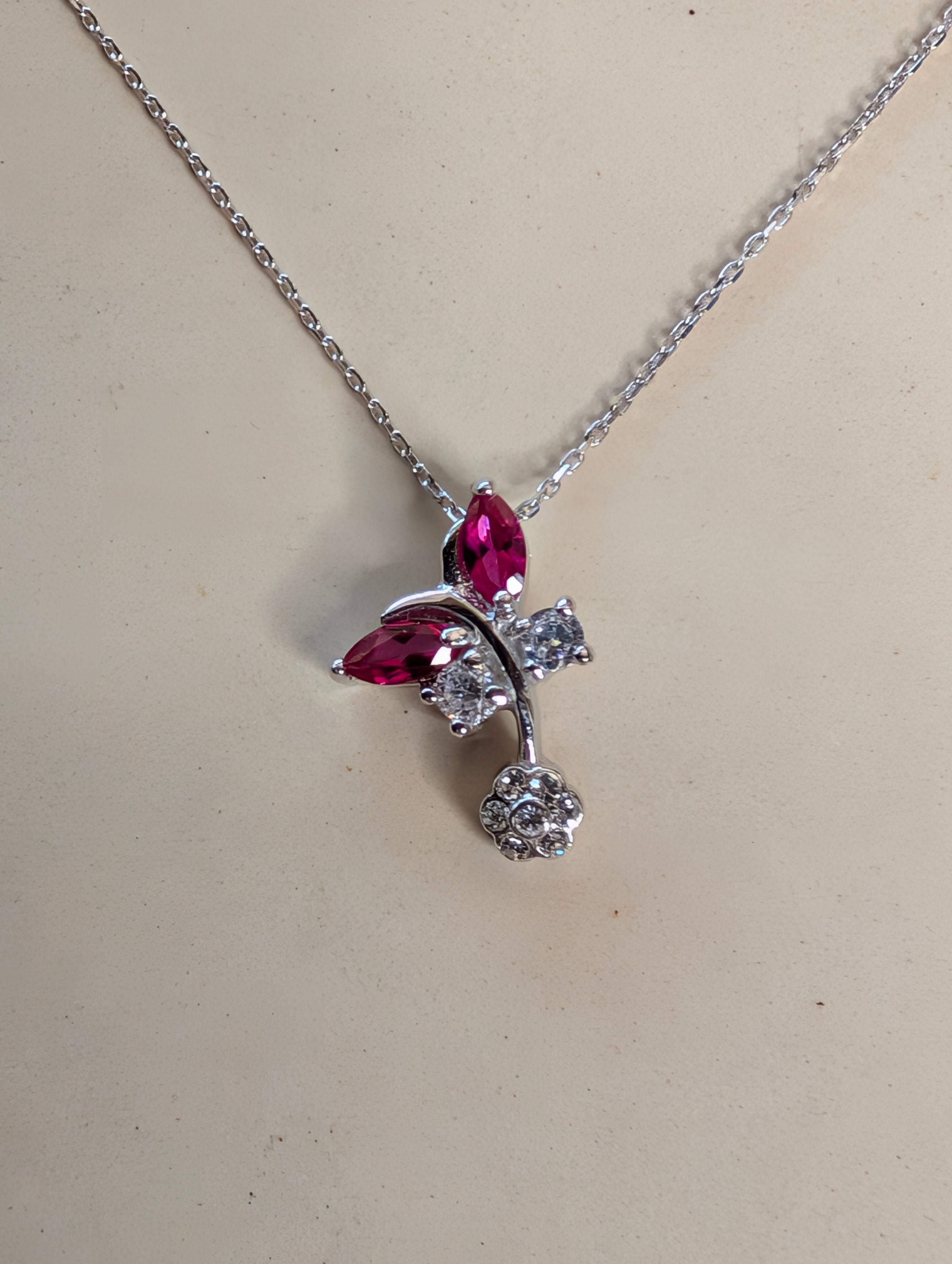 Sterling Silver Hot Pink CZ Butterfly Earrings & Necklace Jewelry Set