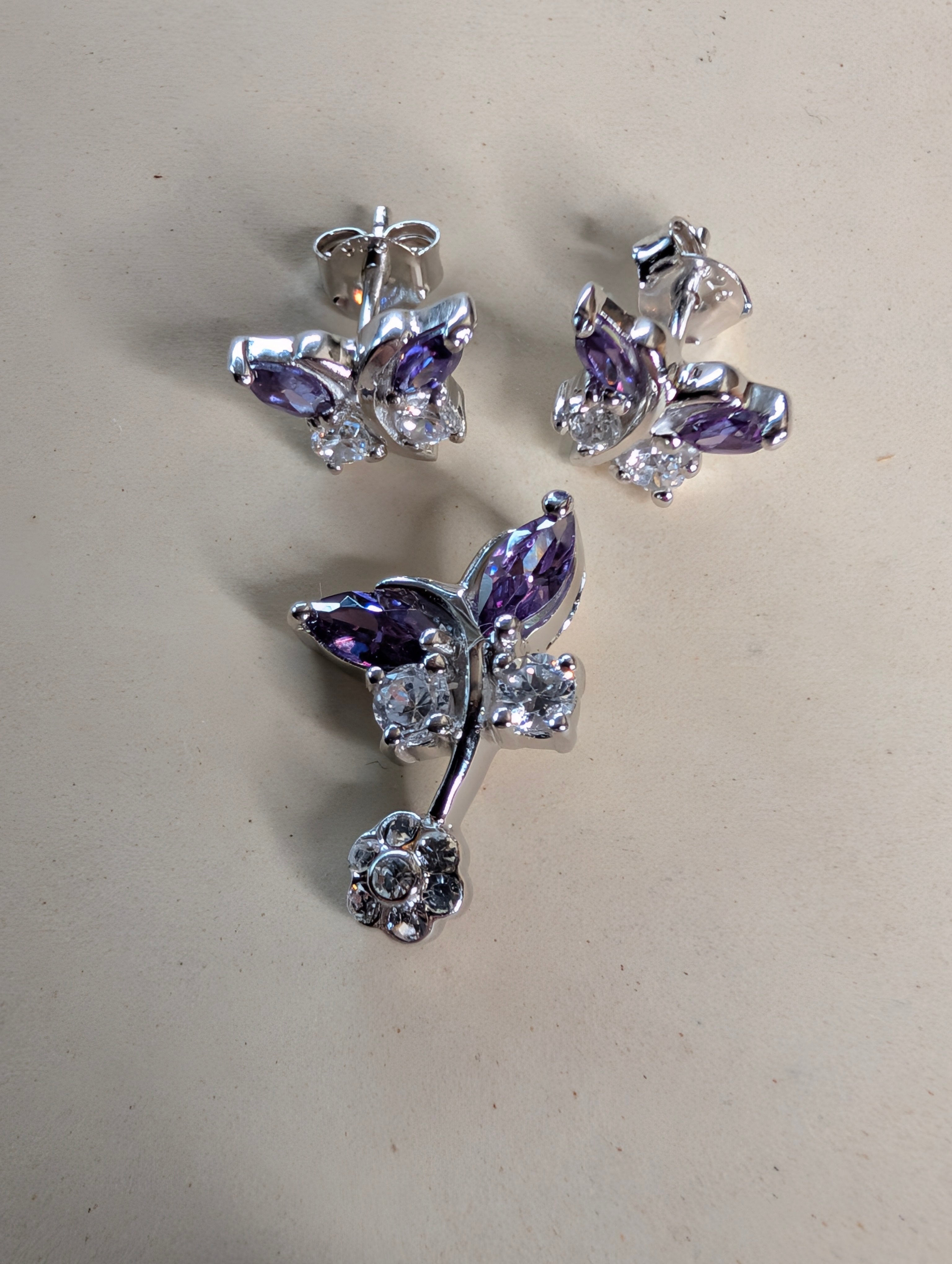 Sterling Silver CZ Purple Gemstone Butterfly Earrings & Pendant Jewelry Set