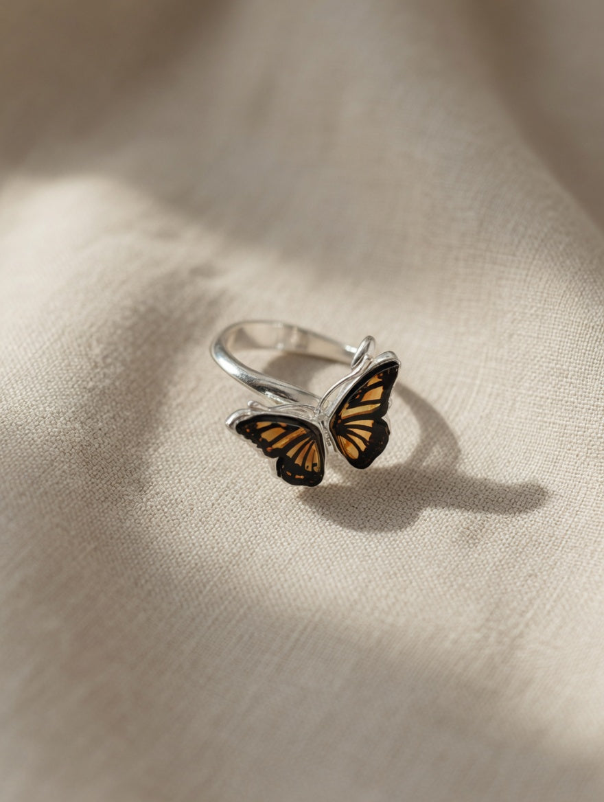 Sterling Silver Handmade Amber Butterfly Adjustable Ring