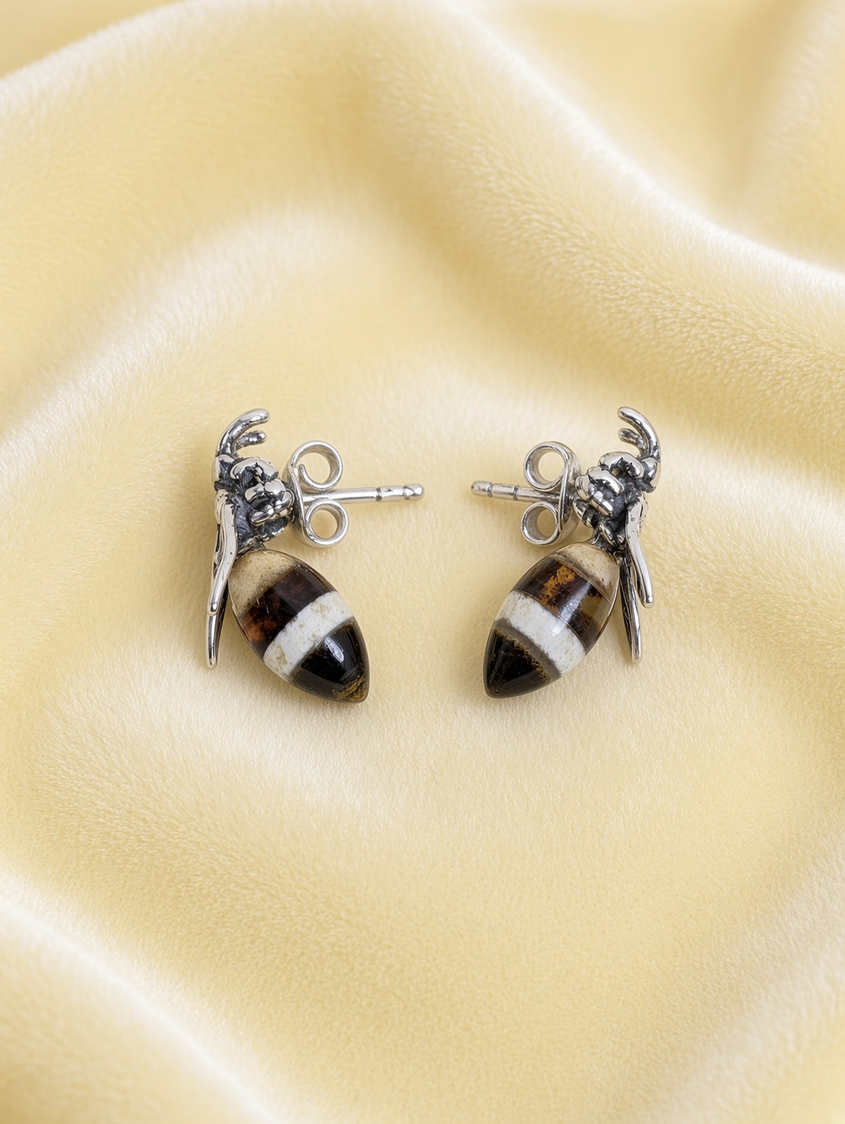 Handmade Bee Honey Cognac Cabochons & Sterling Silver Stud Earrings Variant A02