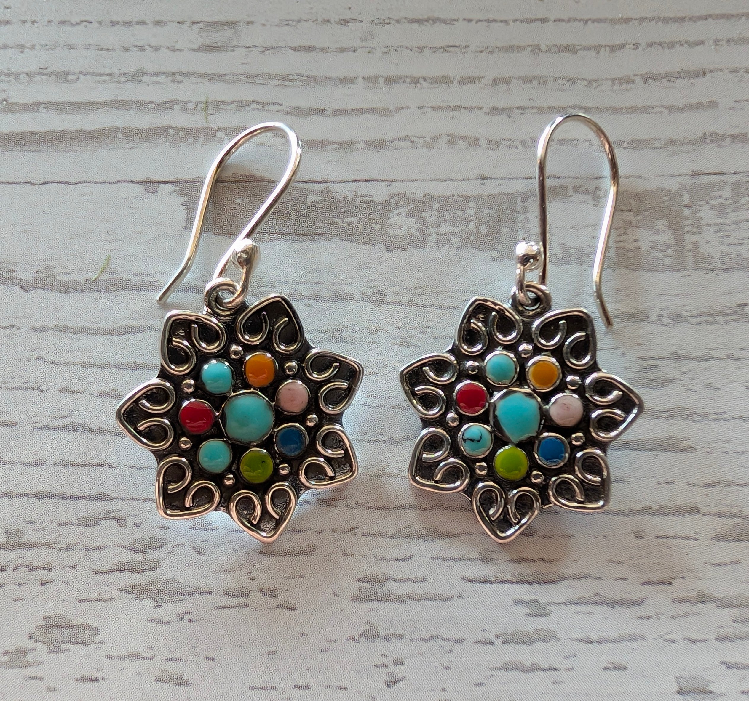MultiColor Mosaic Gemstones & Sterling Silver Floral Star Shape Earrings On Hook