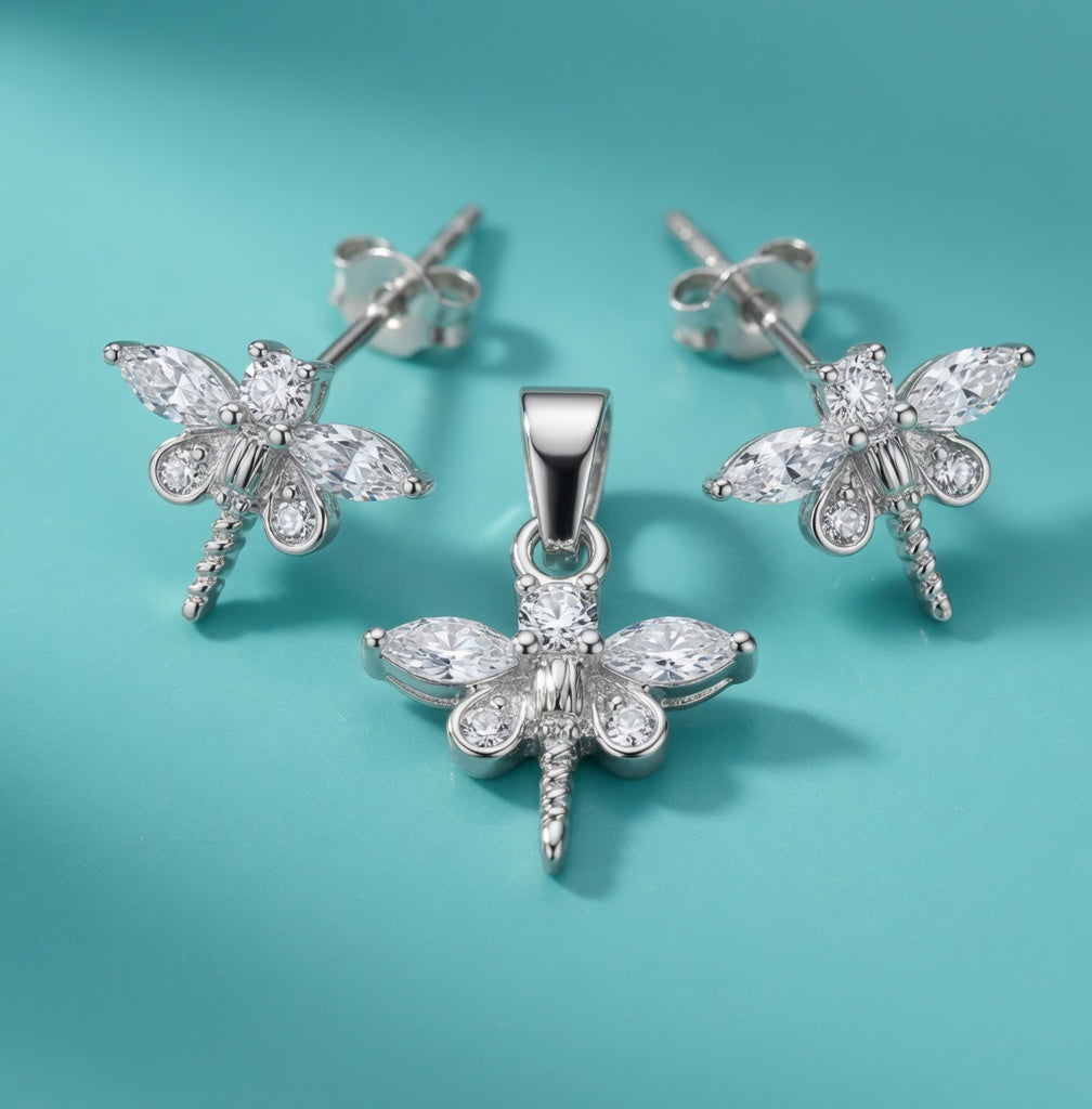 Sterling Silver CZ DragonFly Earrings & Pendant Jewelry Set