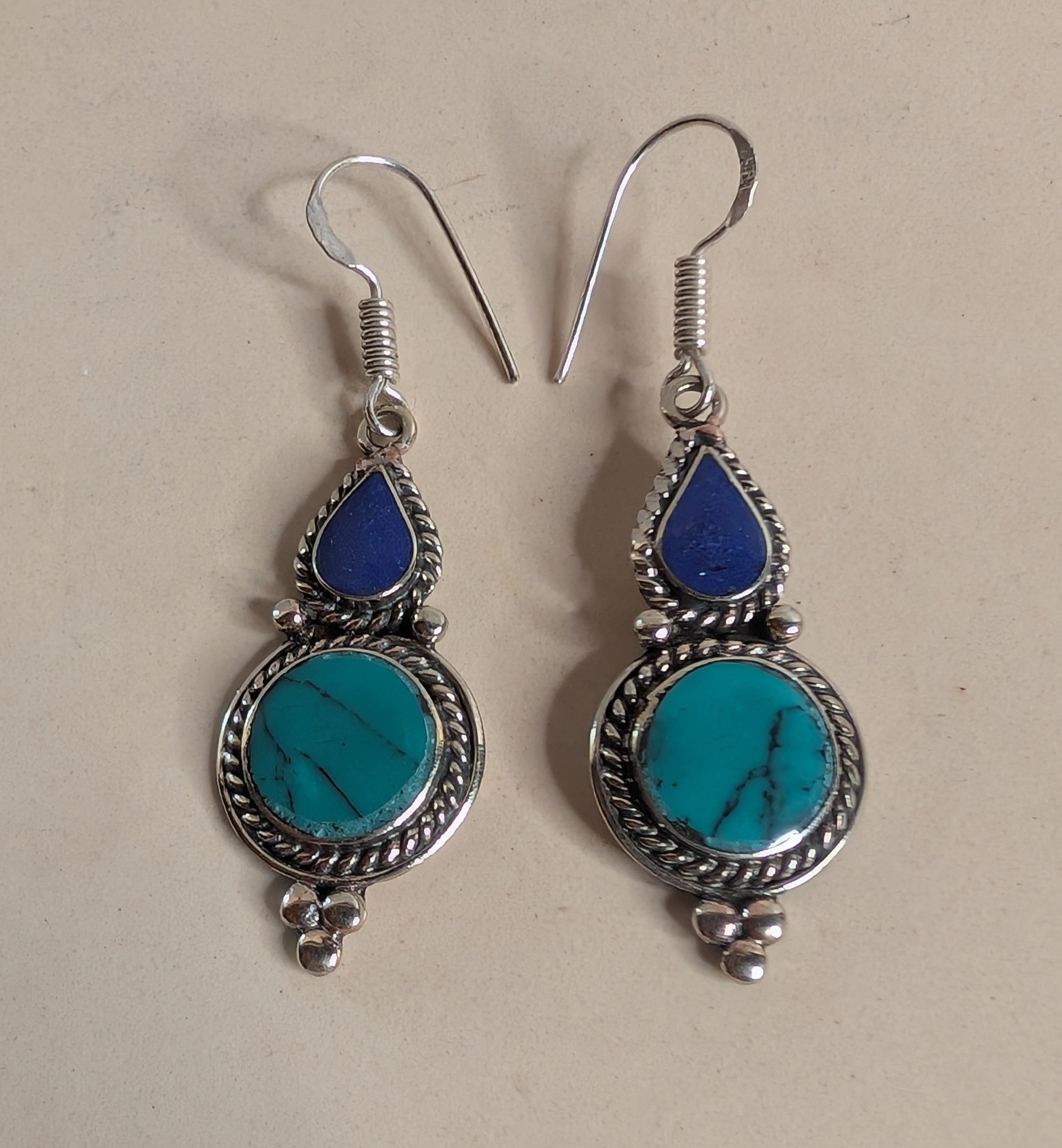 Lapis Teardrop & Turquoise Circle Dangle Earrings