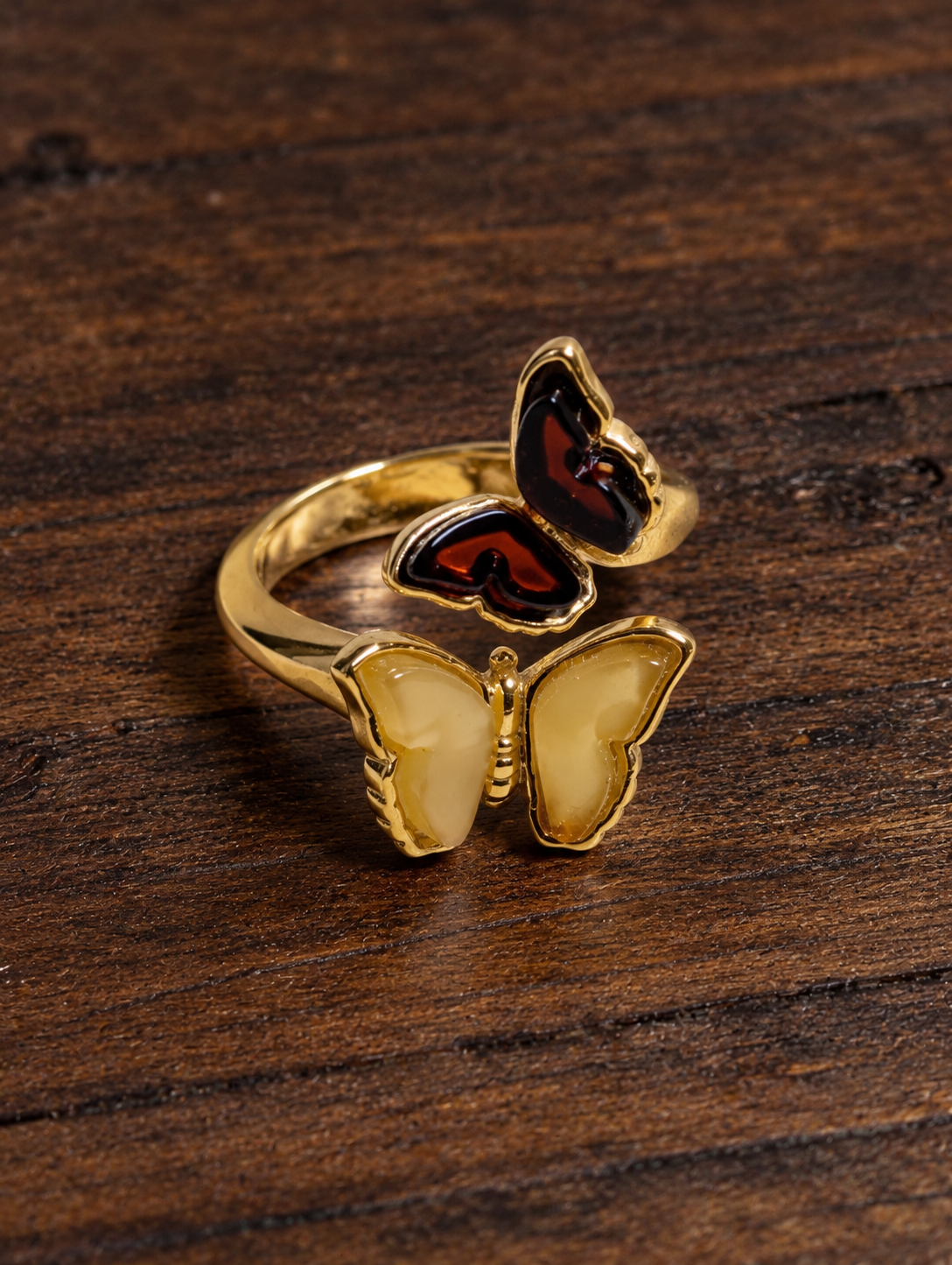 Handmade Butterfly Honey Cognac Cabochons & 14k Gold Plated Adjustable Ring
