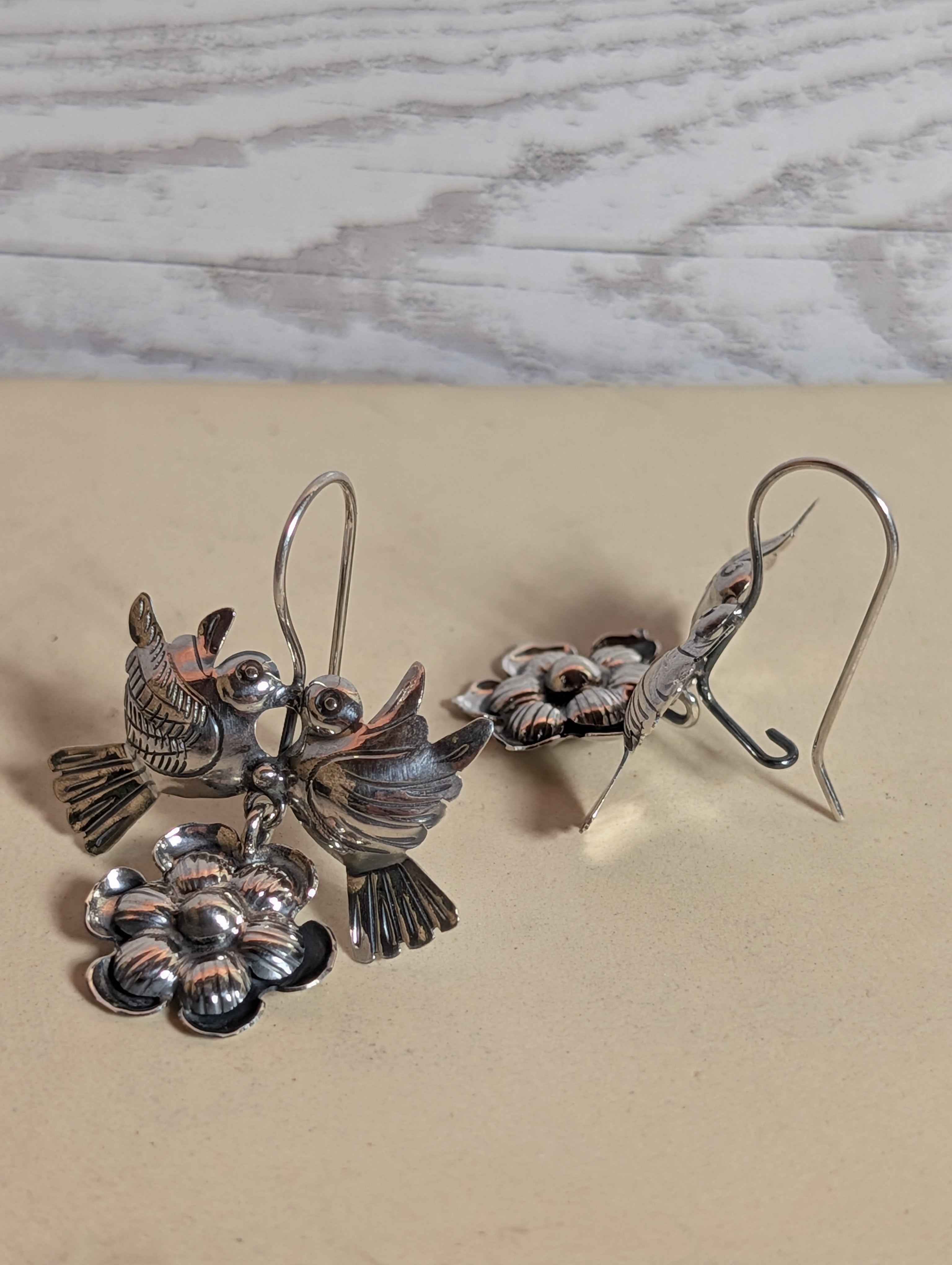 LoveBird Kissing Doves With Flower Blossom Sterling Silver Dangle Earrings
