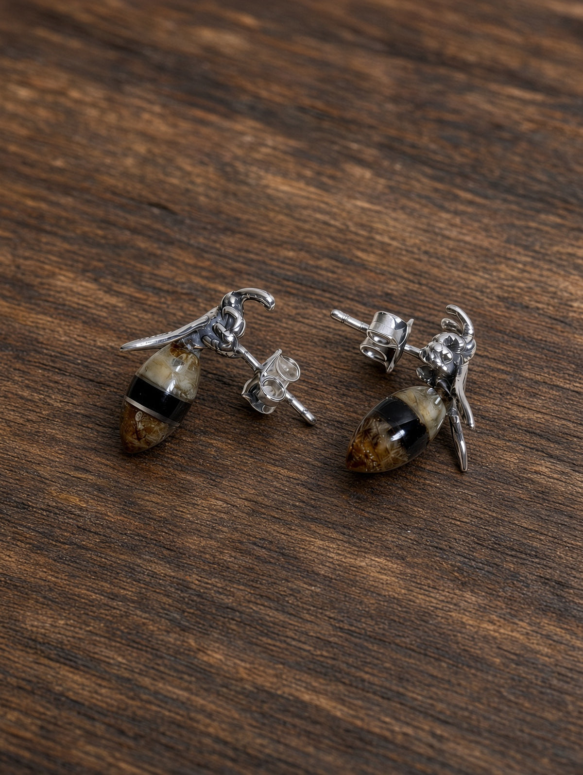 Handmade Bee Honey Cognac Cabochons & Sterling Silver Stud Earrings Variant A01