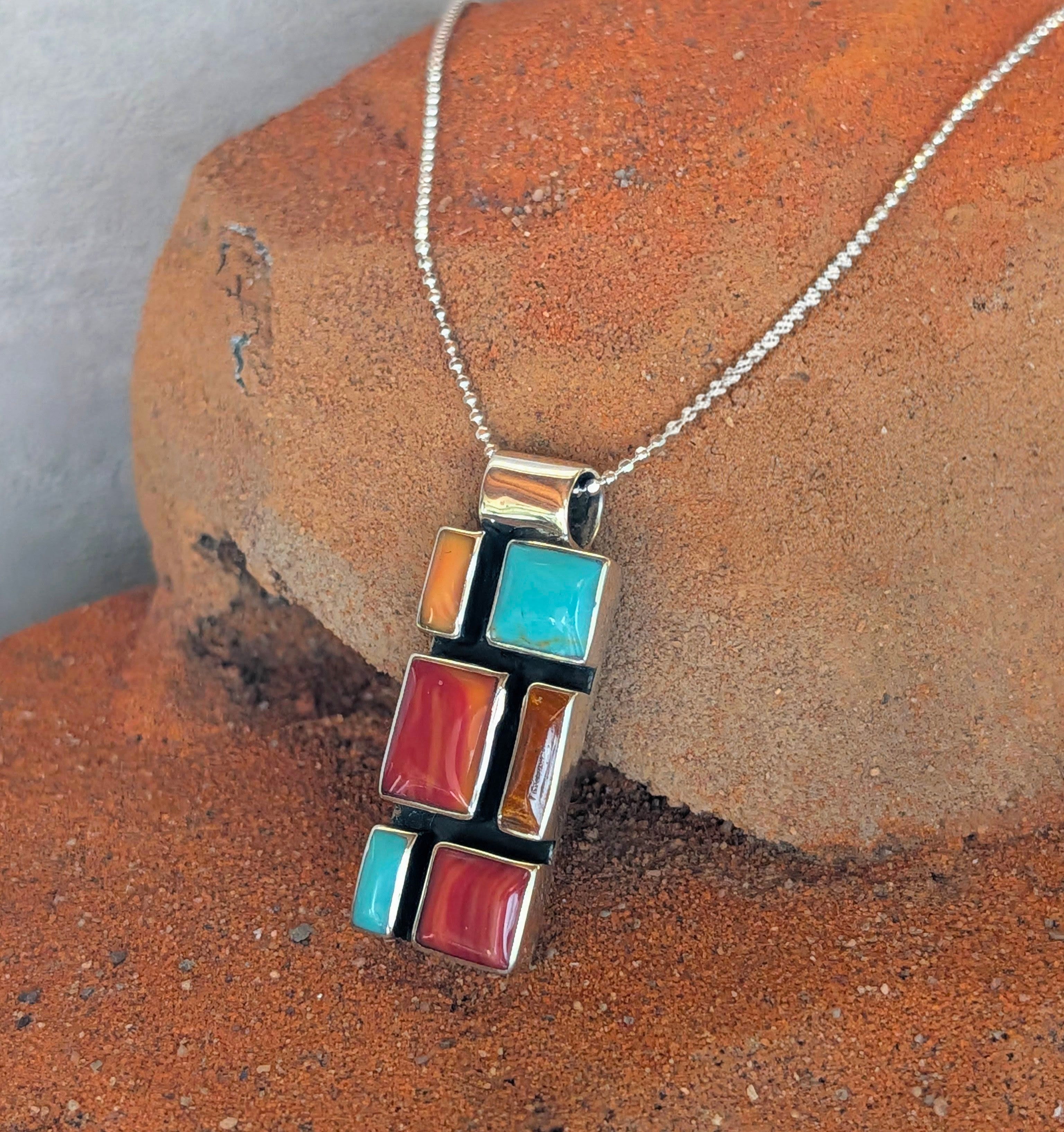 Vibrant Southwest Multi Gemstone Mosaic Rectangle Sterling Silver Bar Necklace