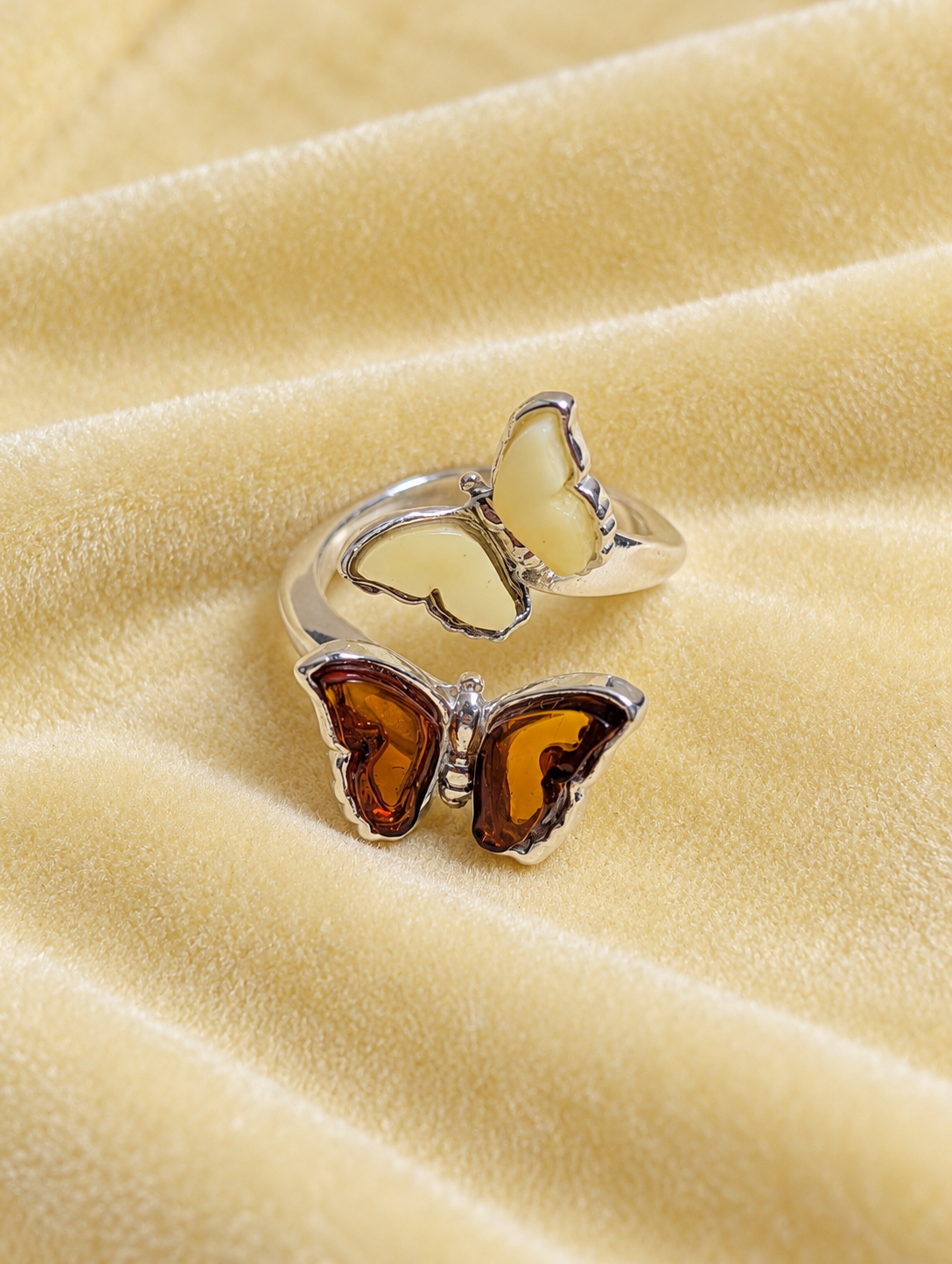 Handmade Butterfly Honey Cognac Cabochons & Sterling Silver Adjustable Ring