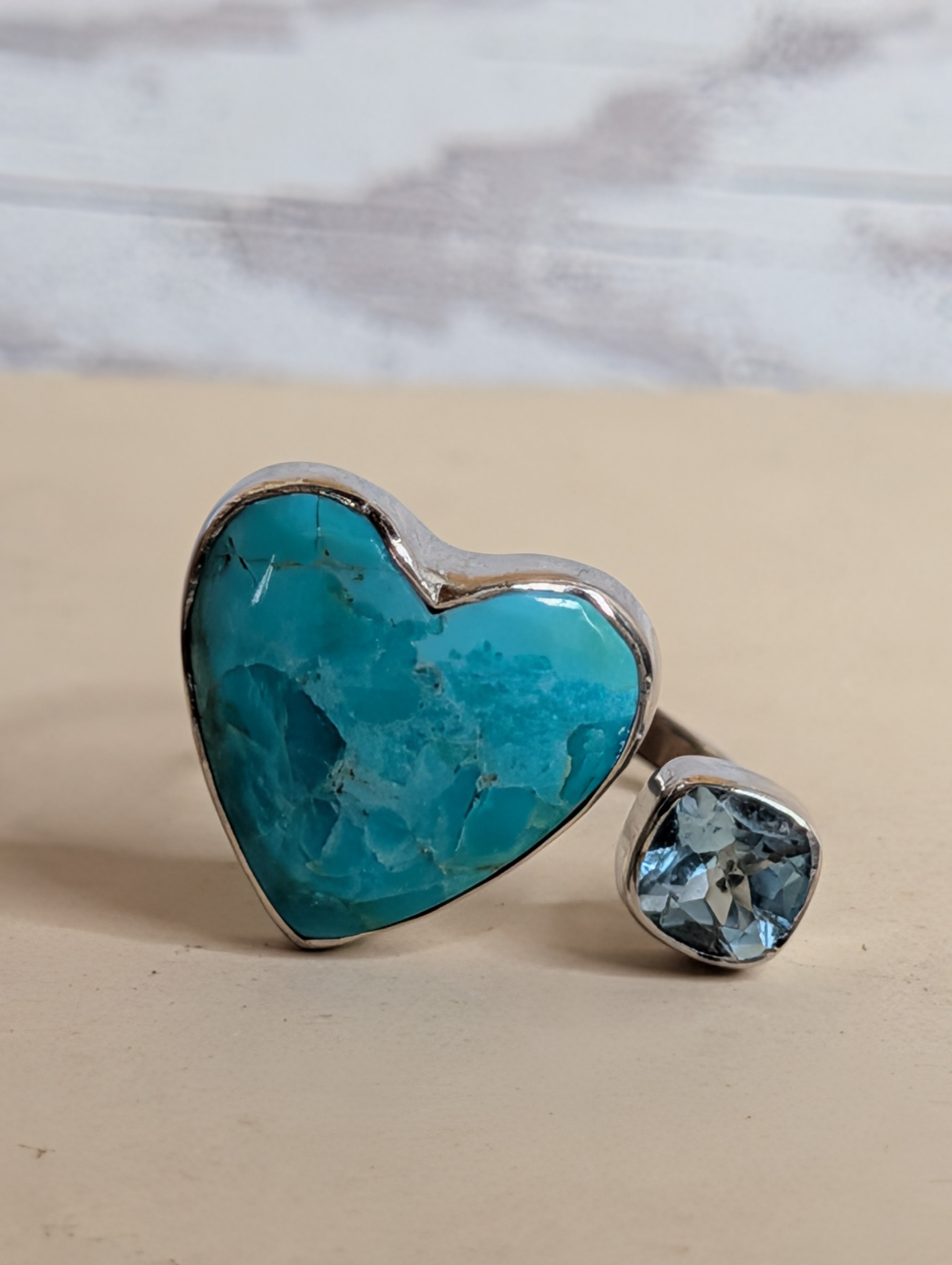 Kingman Turquoise Heart & Square Shaped Blue Topaz Sterling Silver Adjustable Ring