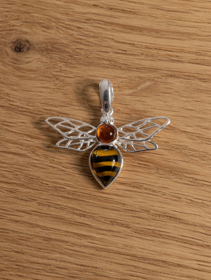 Sterling Silver Handmade Amber Bee Pendant
