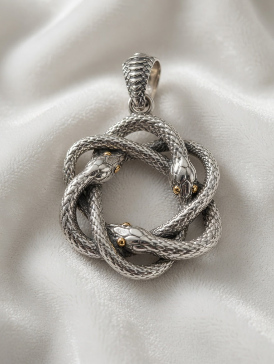 Sterling Silver Round Three Snakes Coiled Pendant With 18k Gold Accents