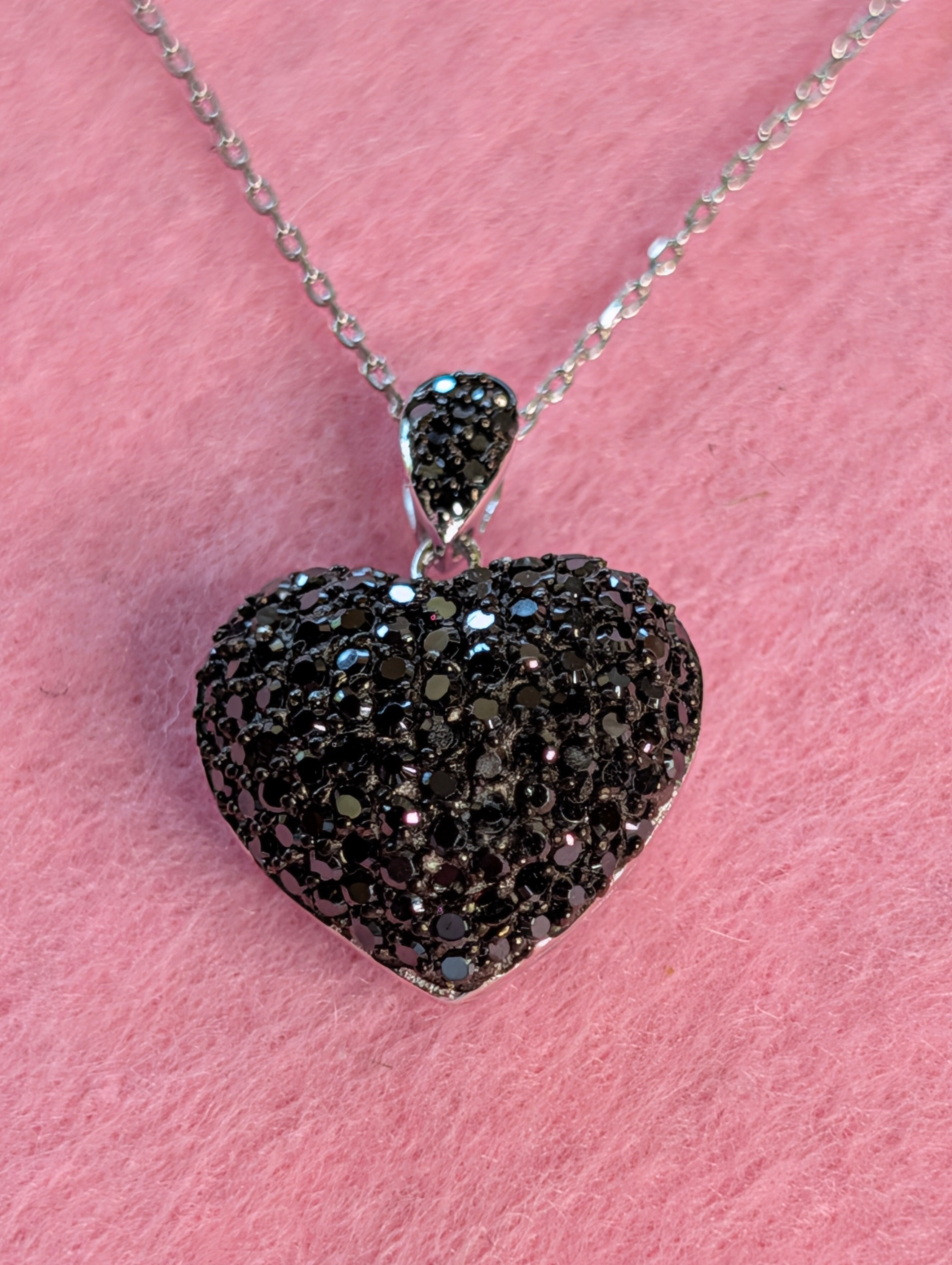 Sterling Silver Black Druzy CZ Puffy Heart Pendant Necklace