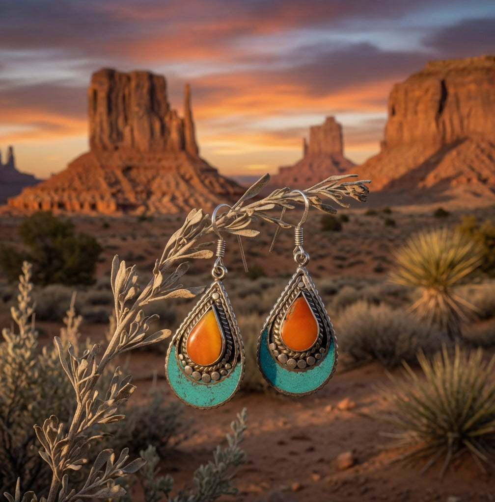 Southwestern Orange Spiny Oyster & Turquoise Teardrop Dangle Earrings