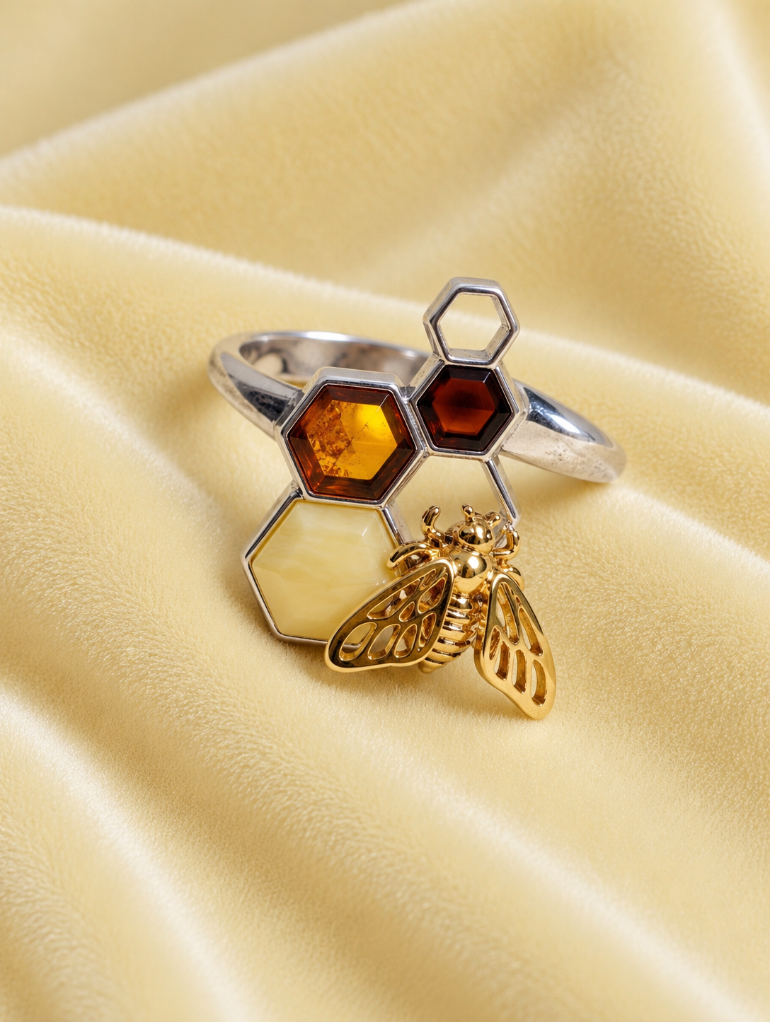 Handmade Bee Honeycomb Honey Cognac Cabochons & Sterling Silver Adjustable Ring