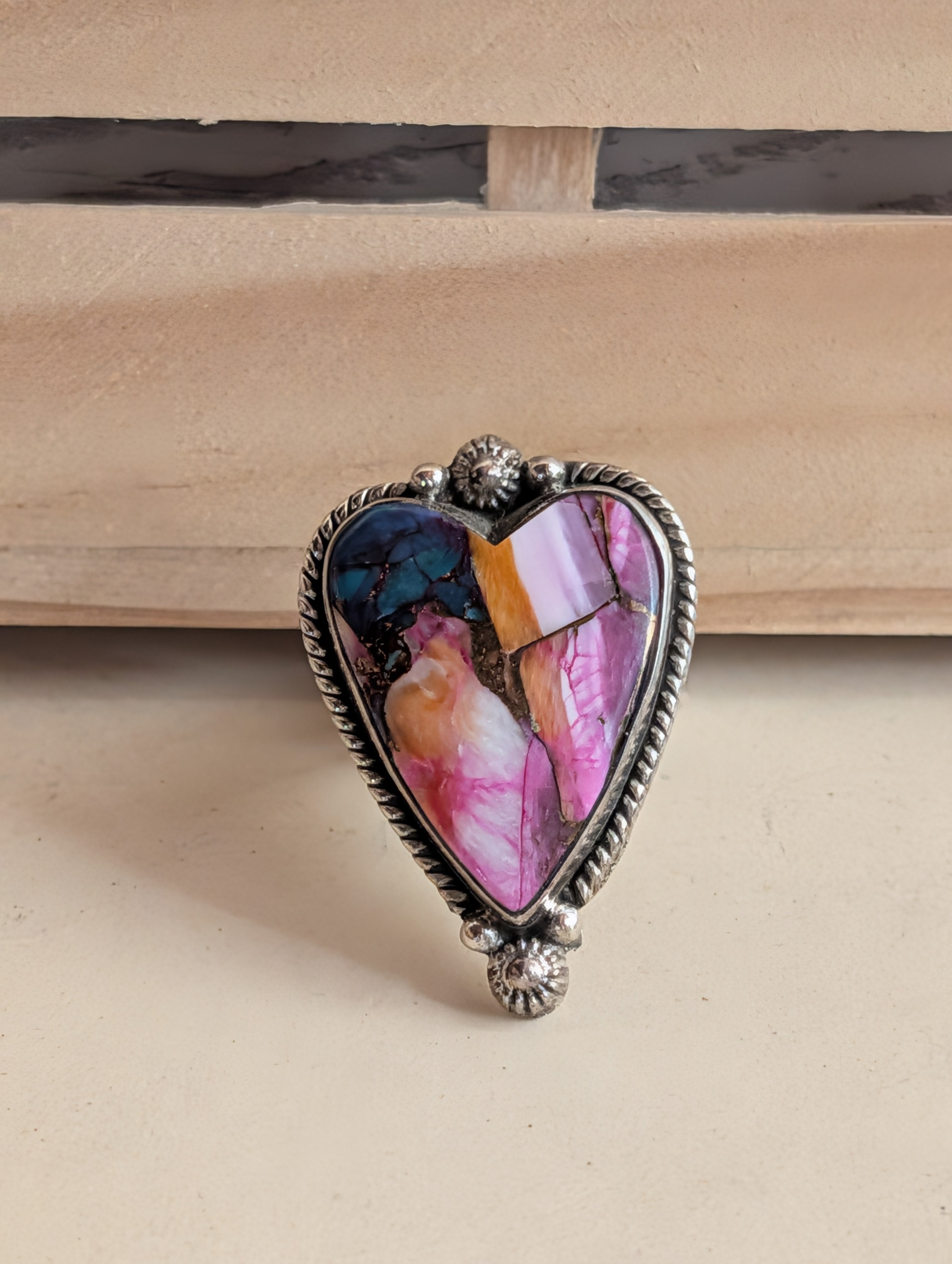 Pink Dahlia Heart Shaped Sterling Silver Adjustable Ring