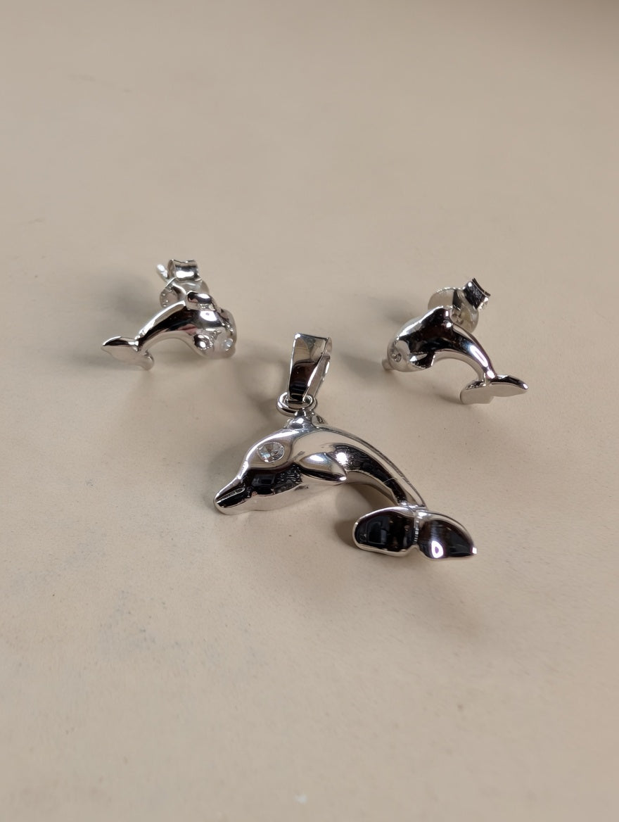 Sterling Silver Dolphin Earrings & Pendant Jewelry Set