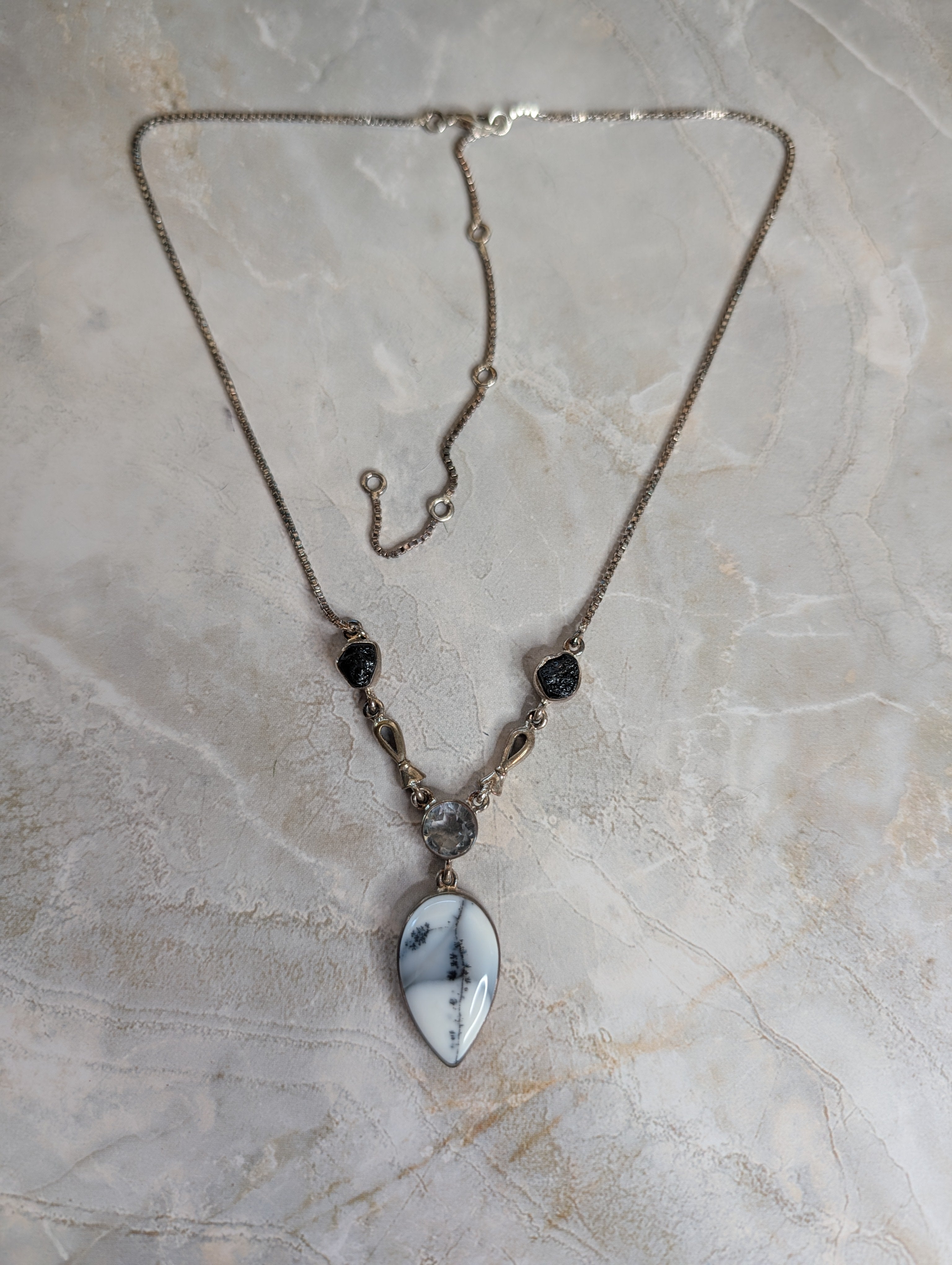 Dendritic Agate Leaf Shaped Gemstone With Clear Quartz & Black Tourmaline Sterling Silver Necklace