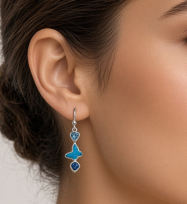 Handmade Butterfly Earrings with Blue Topaz, Turquoise Cabochon, Lapis & Sterling Silver