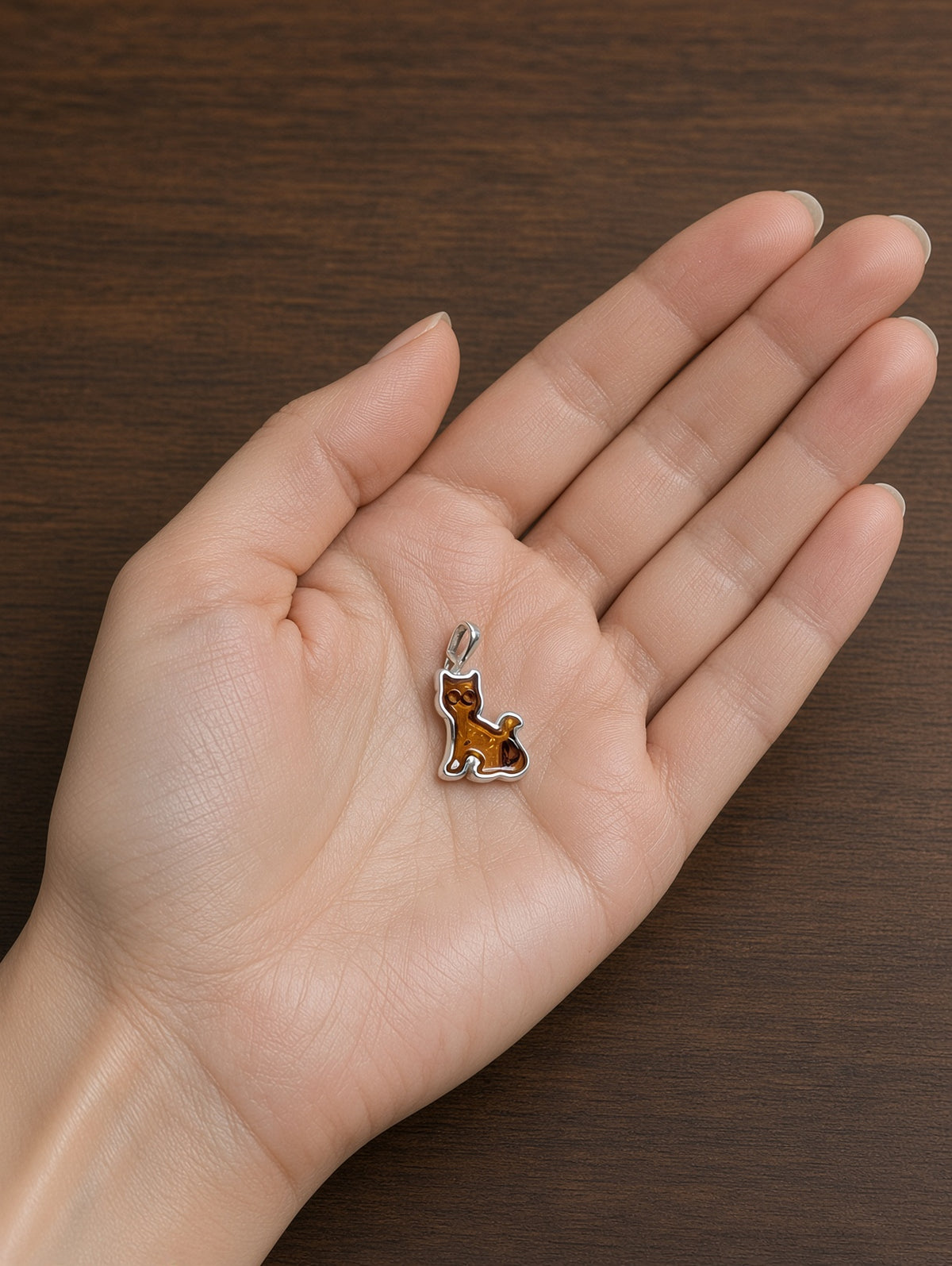 Handmade Cat Shaped Honey Cognac Cabochon & Sterling Silver Pendant