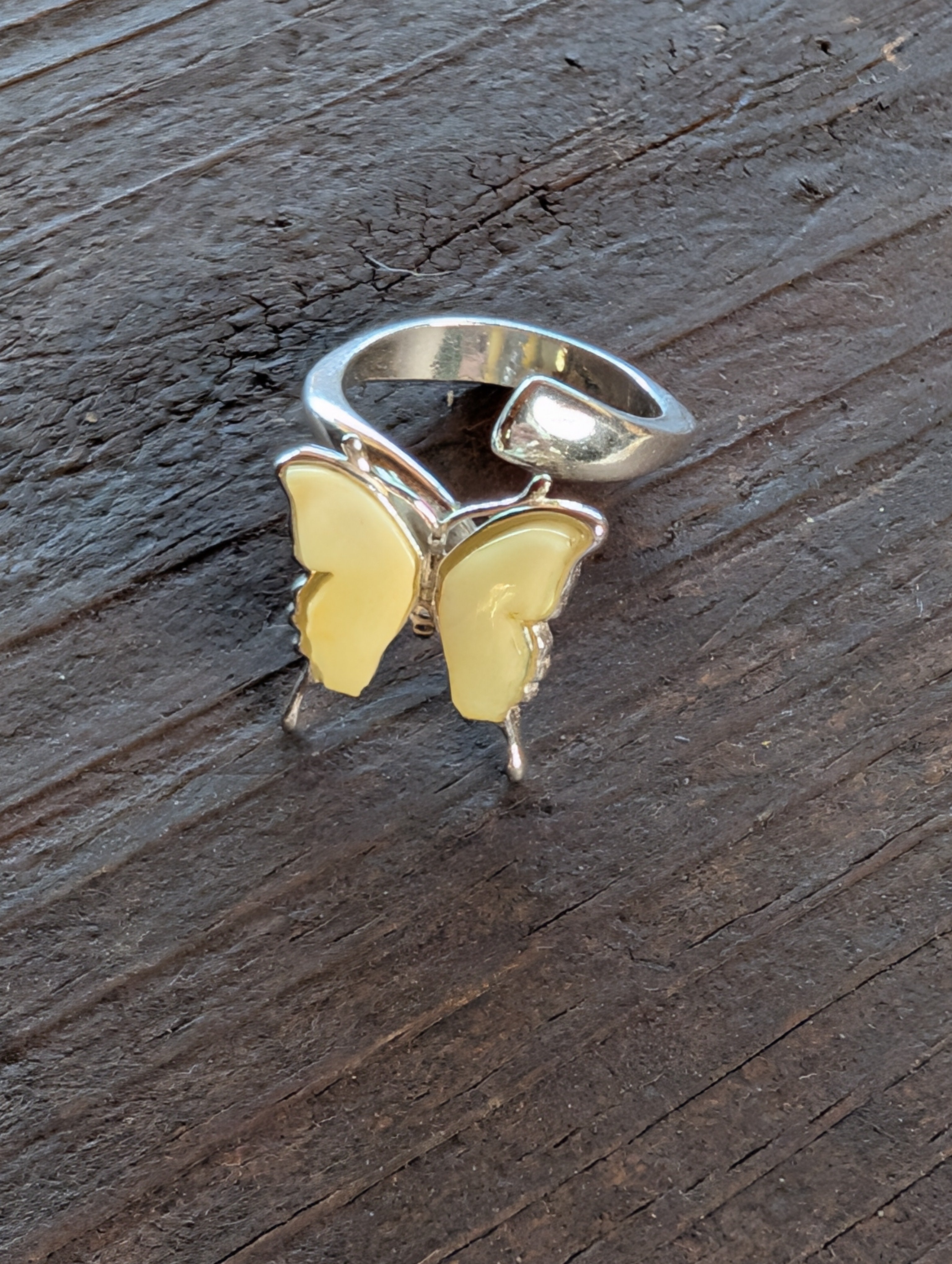 Yellow Amber Handmade Sterling Silver Butterfly Adjustable Ring