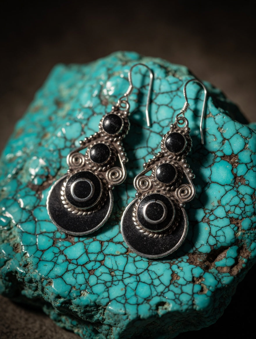 Vintage Black Onyx & Silver Southwestern Dangle Earrings