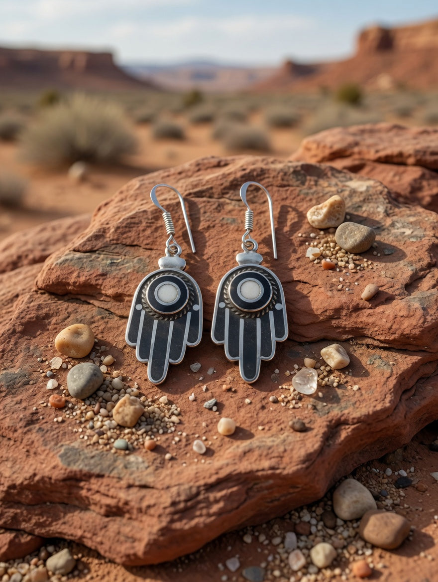 Vintage Southwestern Black Onyx & Silver Hamsa Hand Of Protection Dangle Earrings