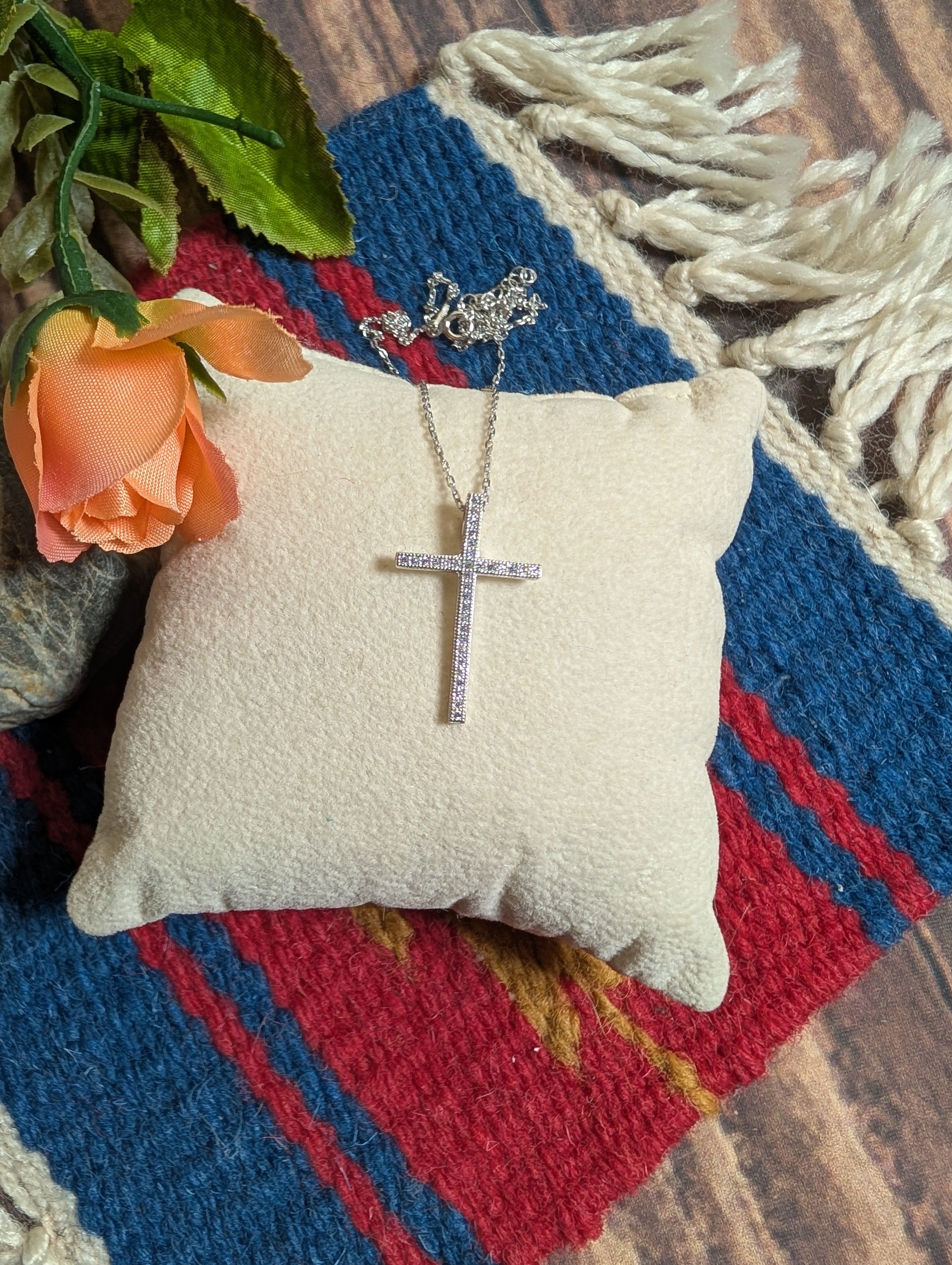 CZ Cross Simplistic Medium Sized Pendant On Sterling Silver Necklace