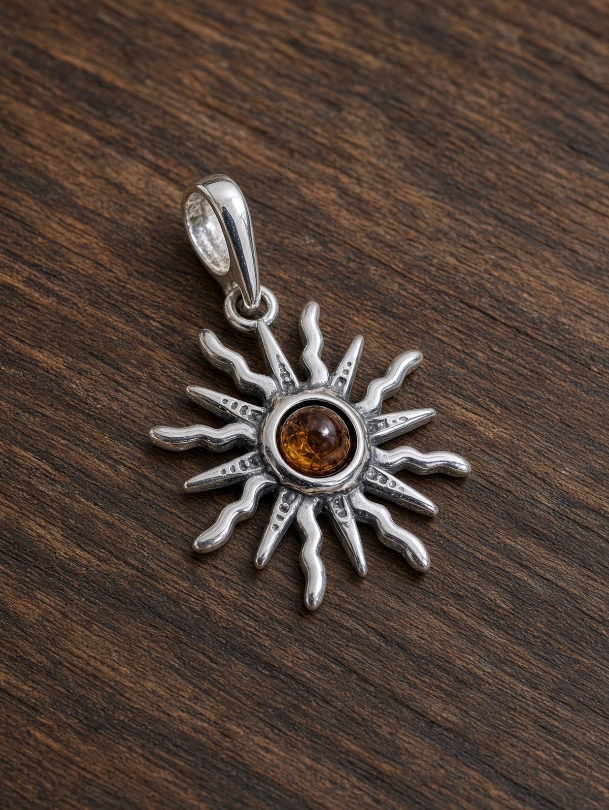 Handmade Sunburst Honey Cognac Cabochon & Sterling Silver Pendant