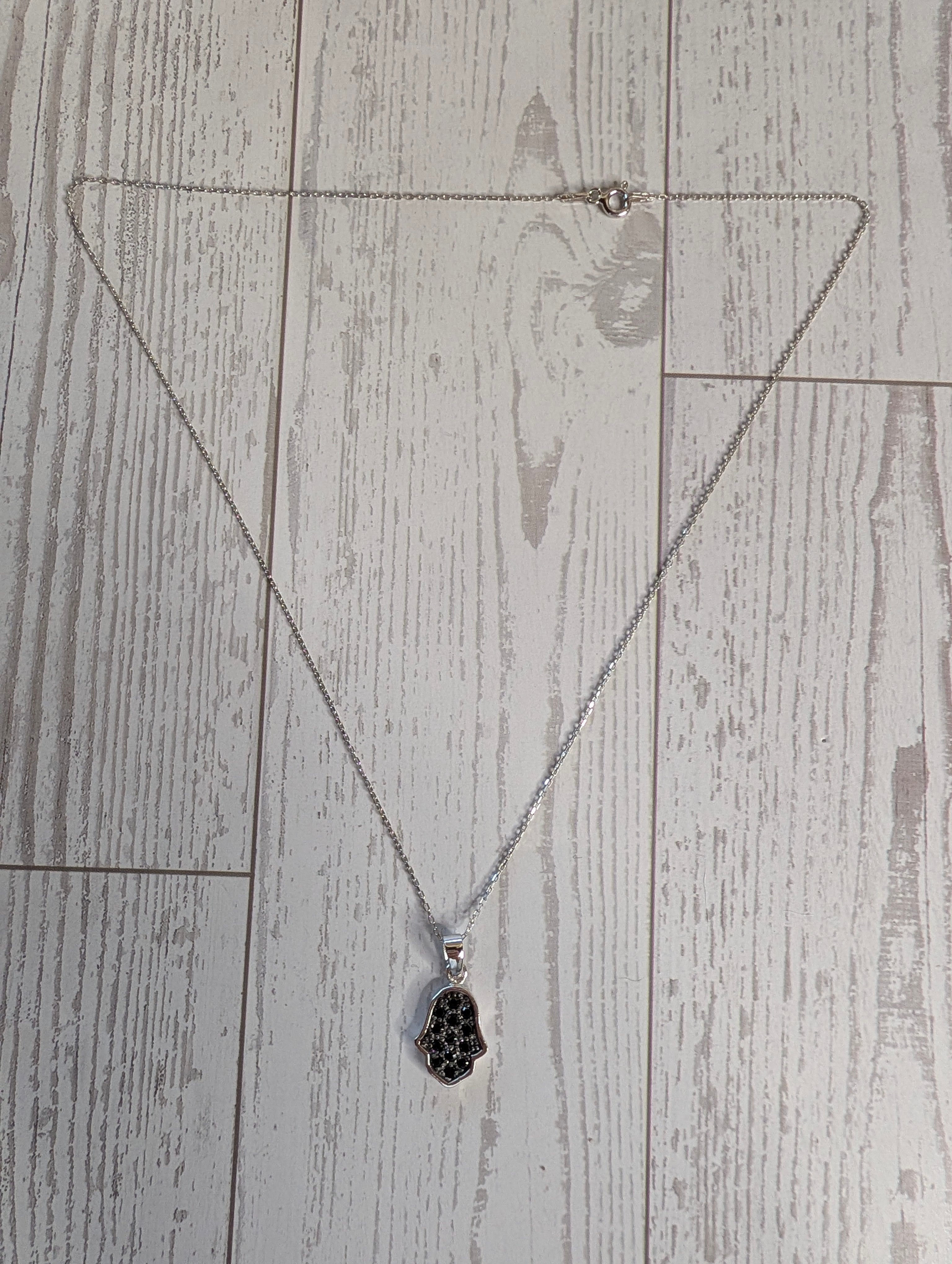Sterling Silver Black CZ Protective Hamsa Hand Necklace