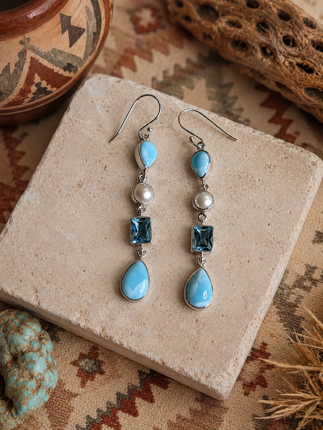 Larimar, Blue Topaz, & Pearl Four Stone Sterling Silver Dangle Earrings