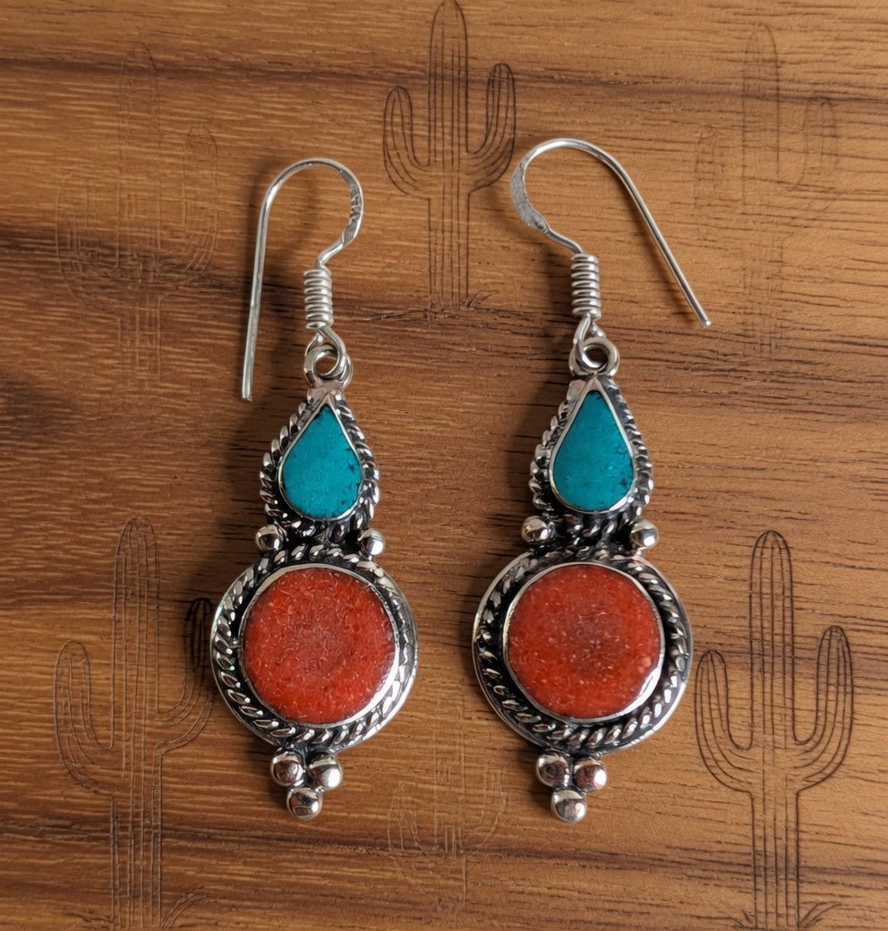 Turquoise Teardrop & Coral Circle Dangle Earrings