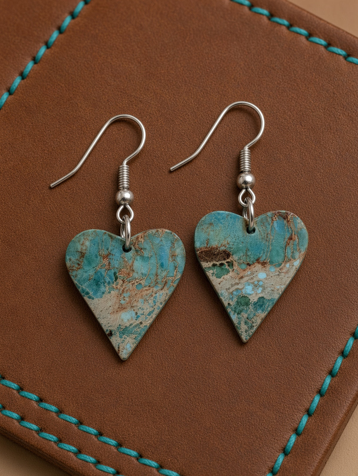 Handcrafted Turquoise Heart Slab Sterling Silver Earrings