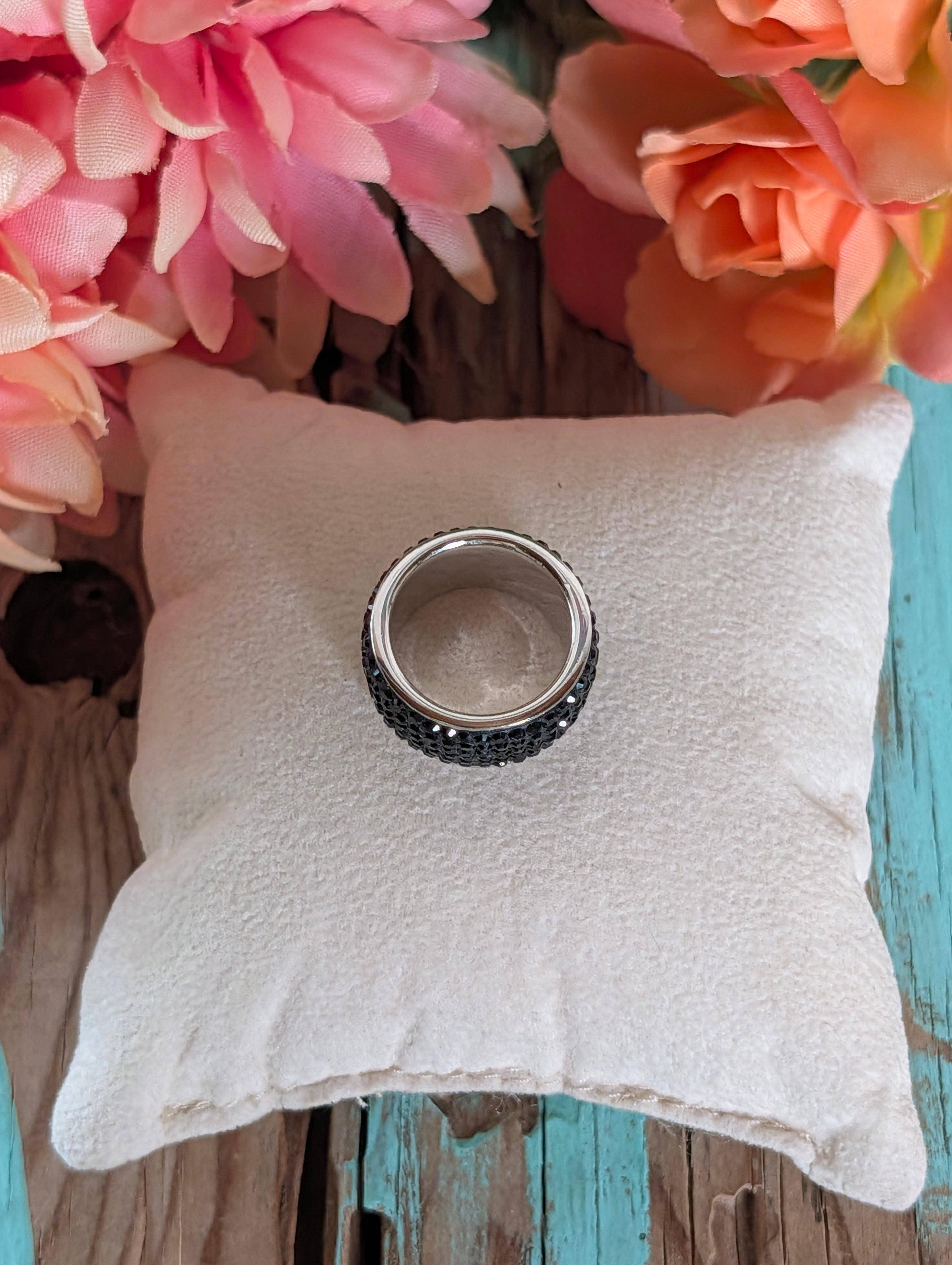 Sterling Silver Paved Black Stone Wide Band Ring Size 6