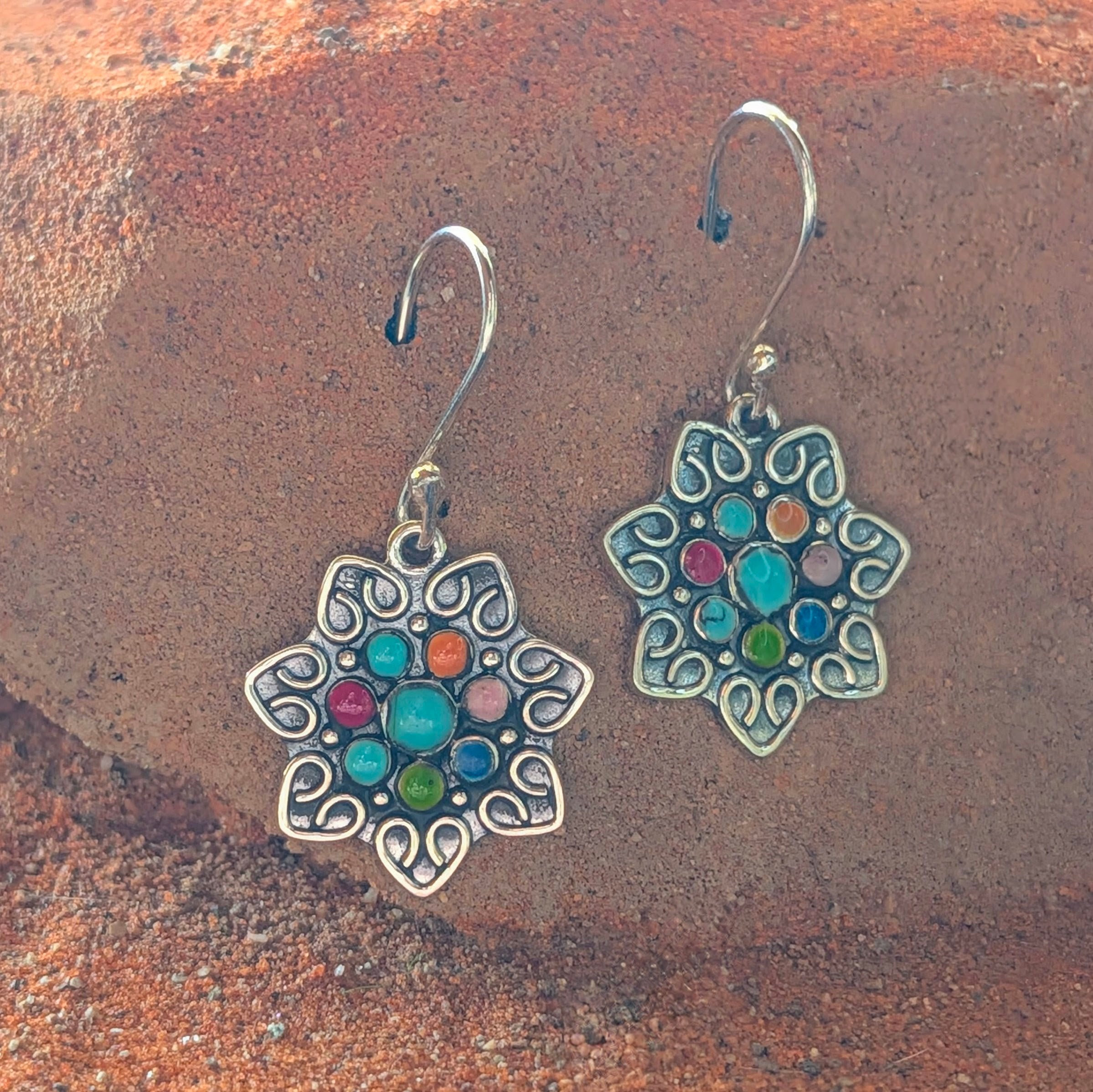 MultiColor Mosaic Gemstones & Sterling Silver Floral Star Shape Earrings On Hook