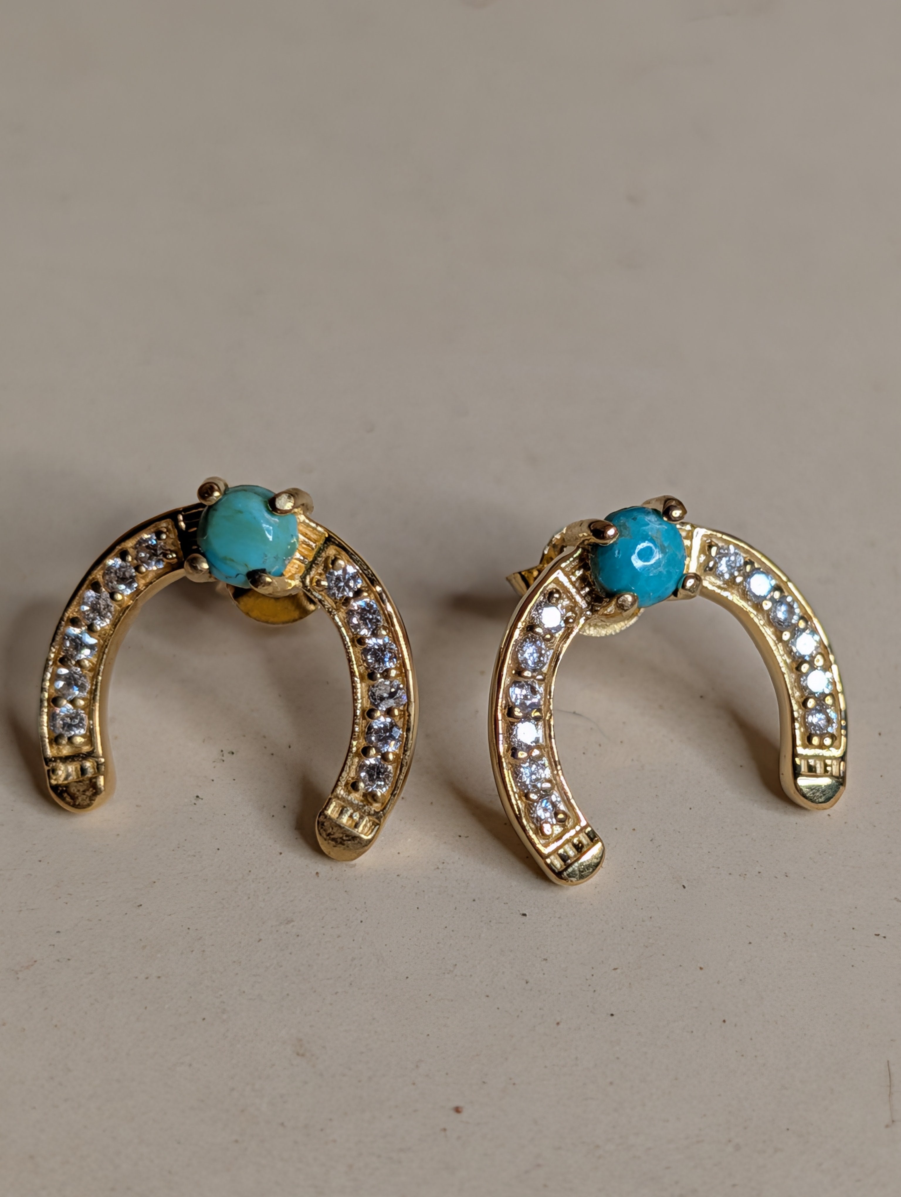 14k Gold Plated Sterling Silver CZ Horseshoe Earrings With Turquoise