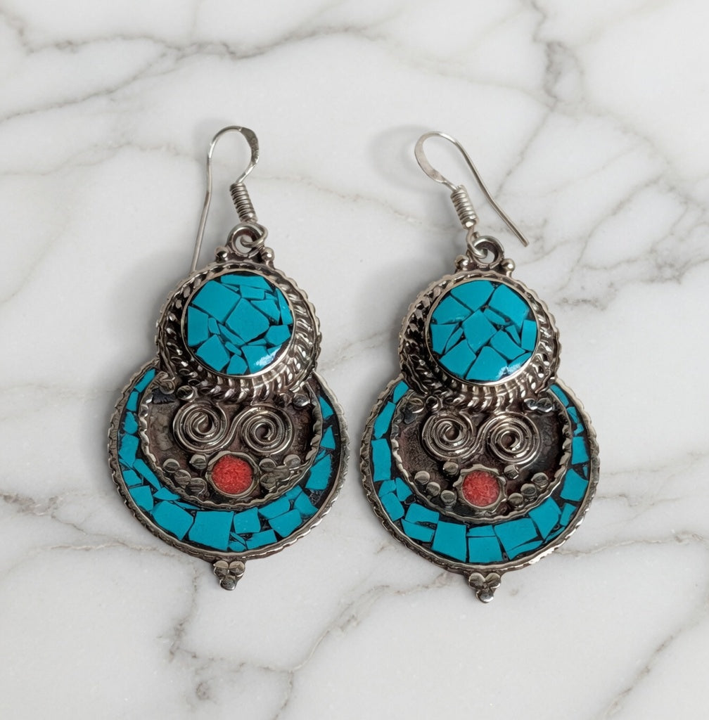 Turquoise Mosaic & Coral Drop Earrings