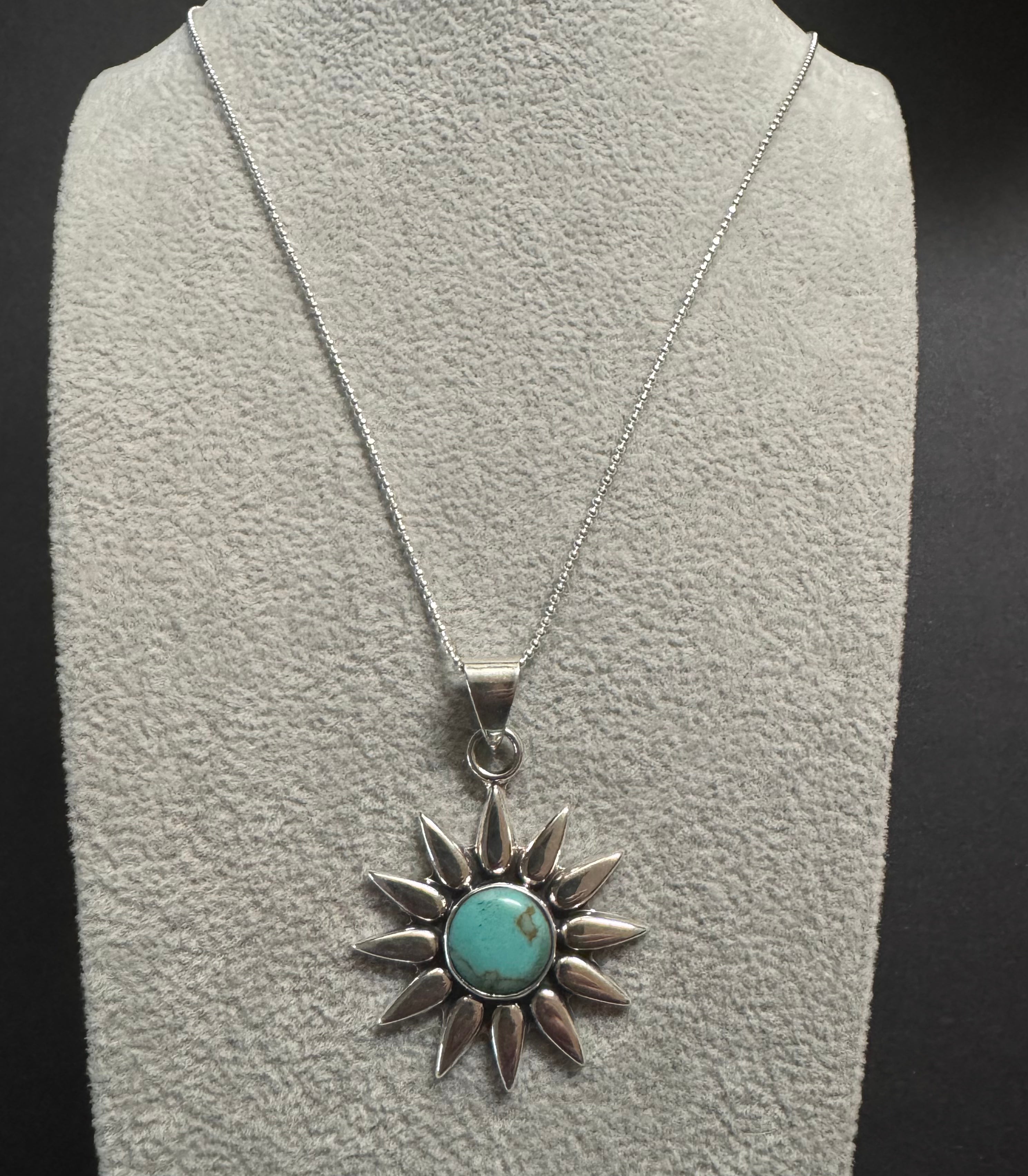 Turquoise Mini Sunburst Flower Pendant & Sterling Silver Necklace