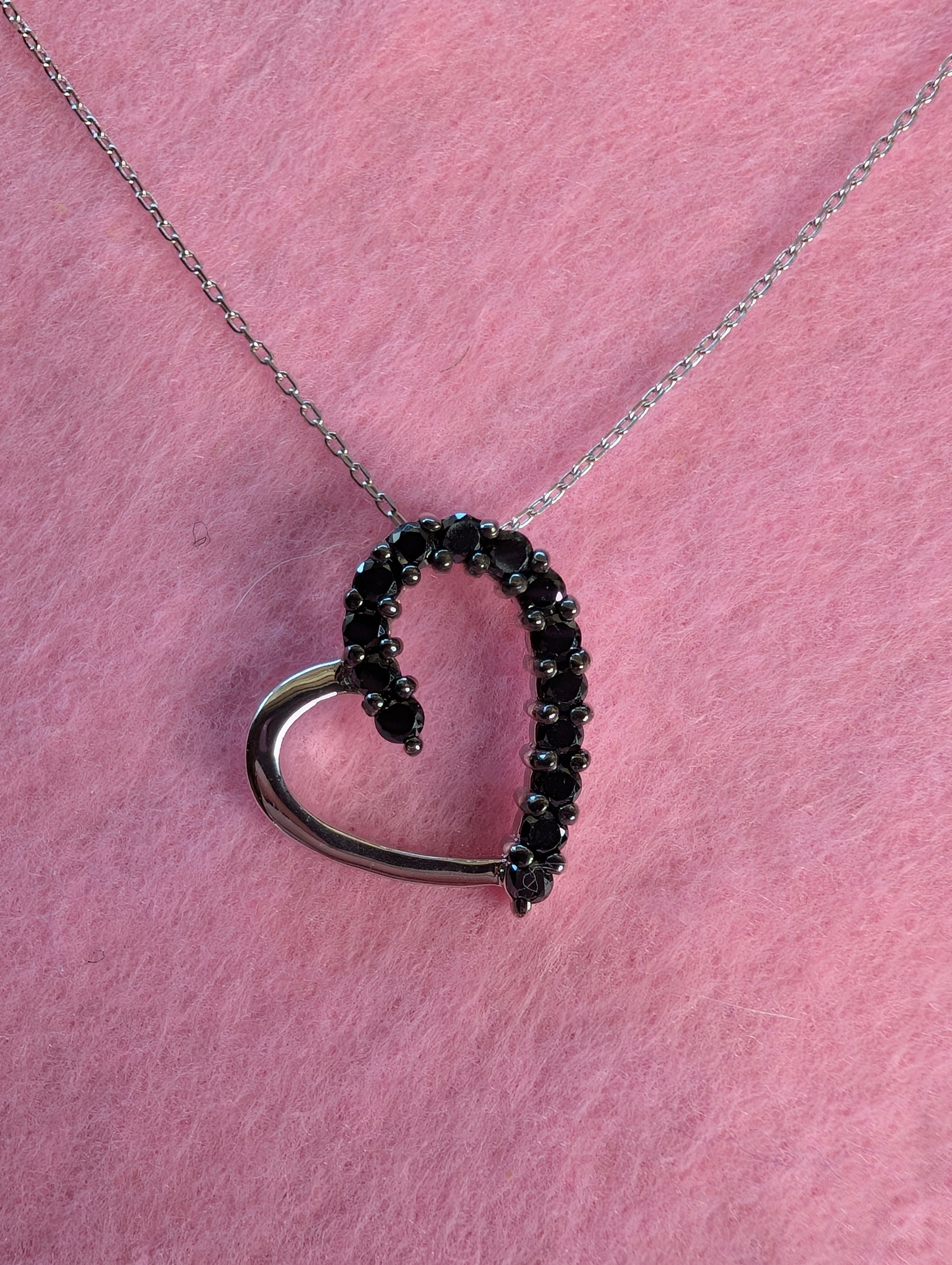 Sterling Silver Black Druzy CZ Heart Silhouette Outline Pendant Necklace