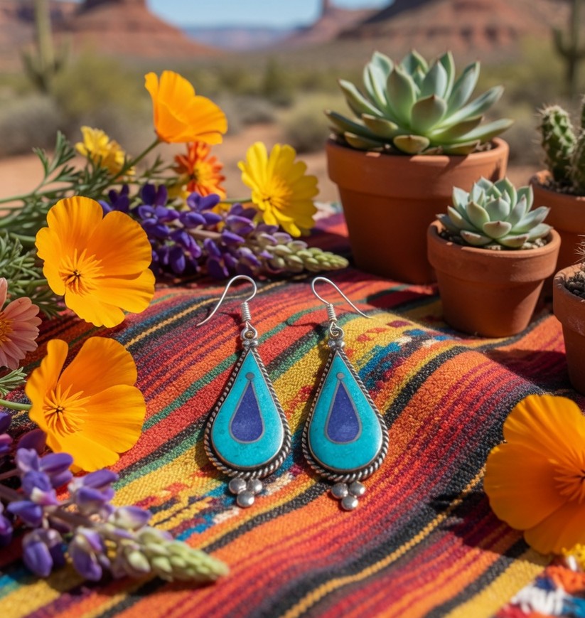 Lapis and Turquoise Teardrop Dangle Earrings with Triple Silver Ball Drop
