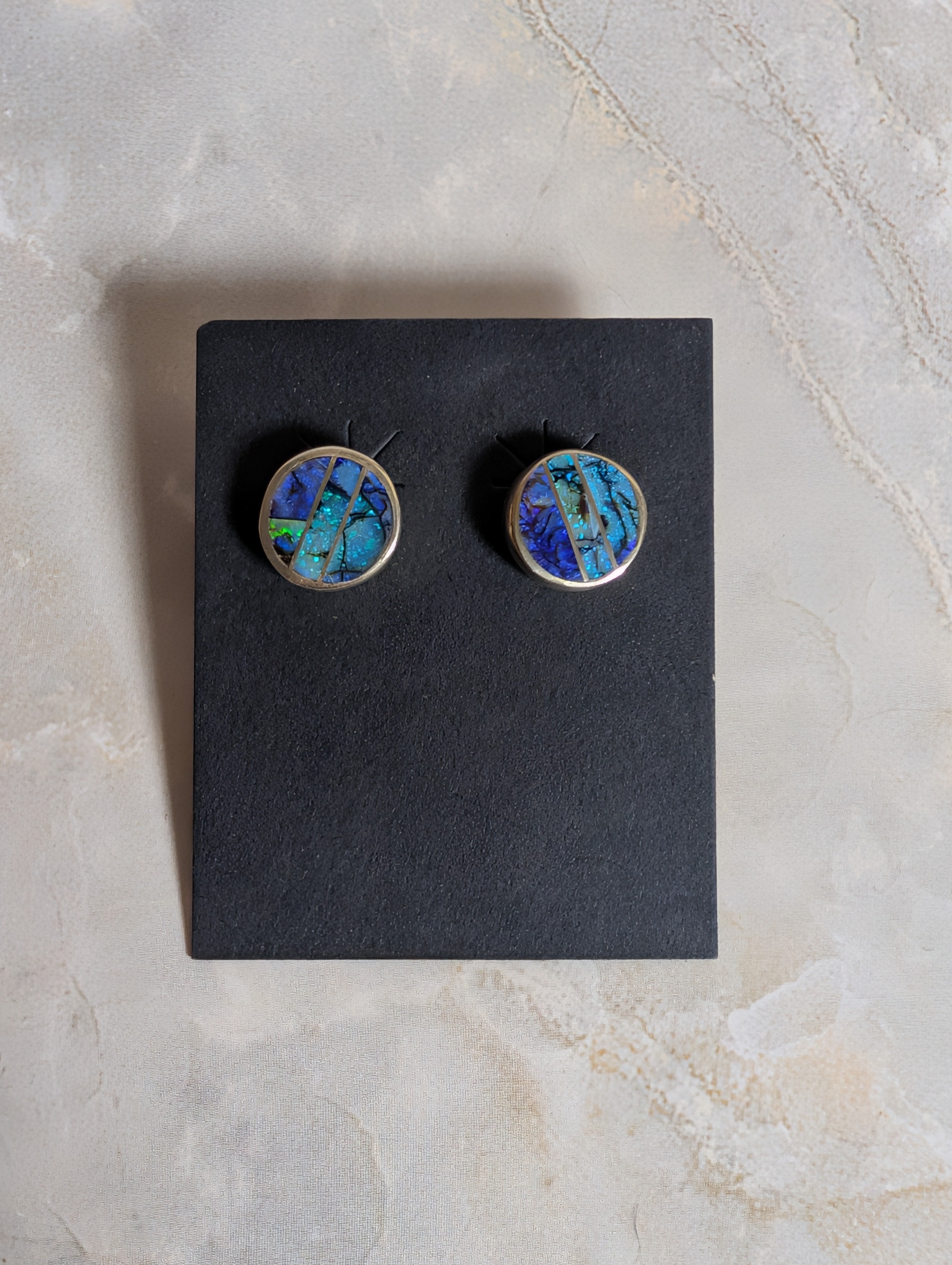 Mosaic Blue Opal Inlay Sterling Silver Stud Earrings