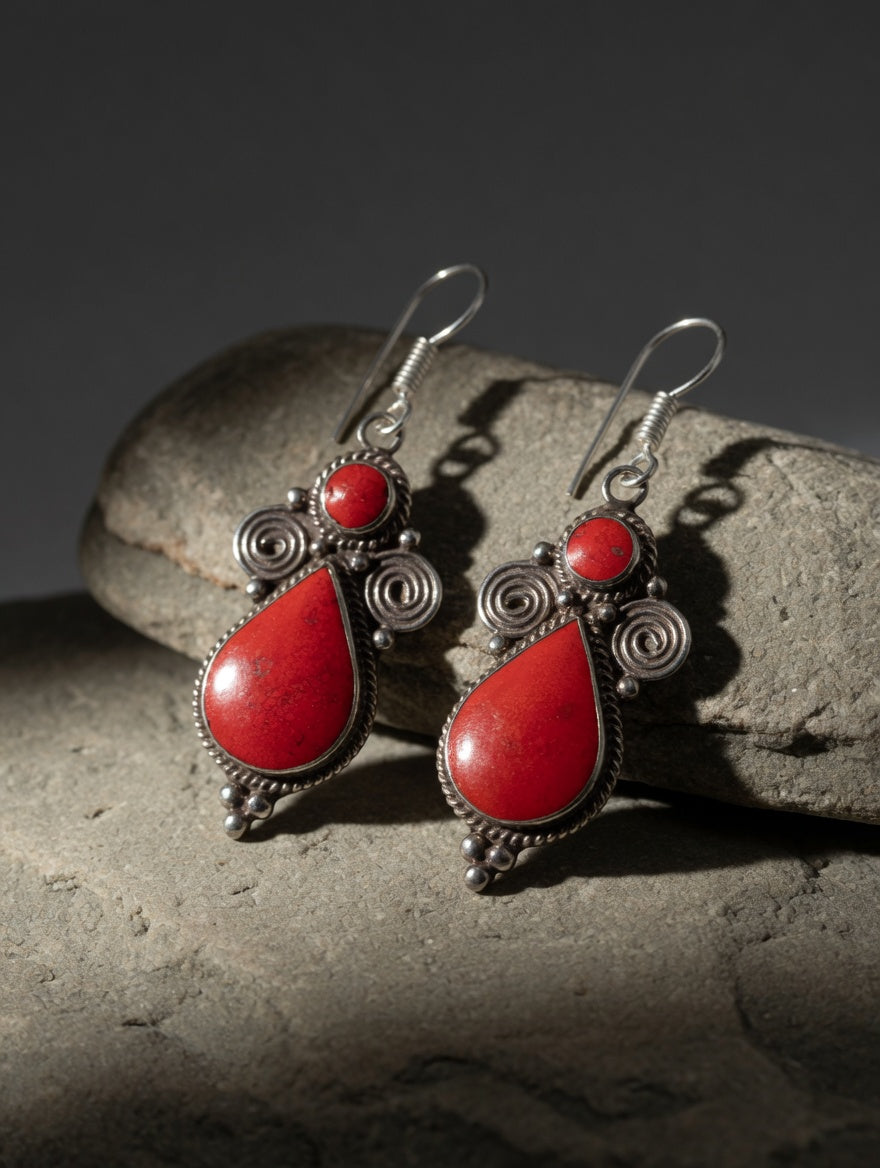 Vintage Southwestern Red Coral Filigree Teardrop Earrings in Sterling Silver