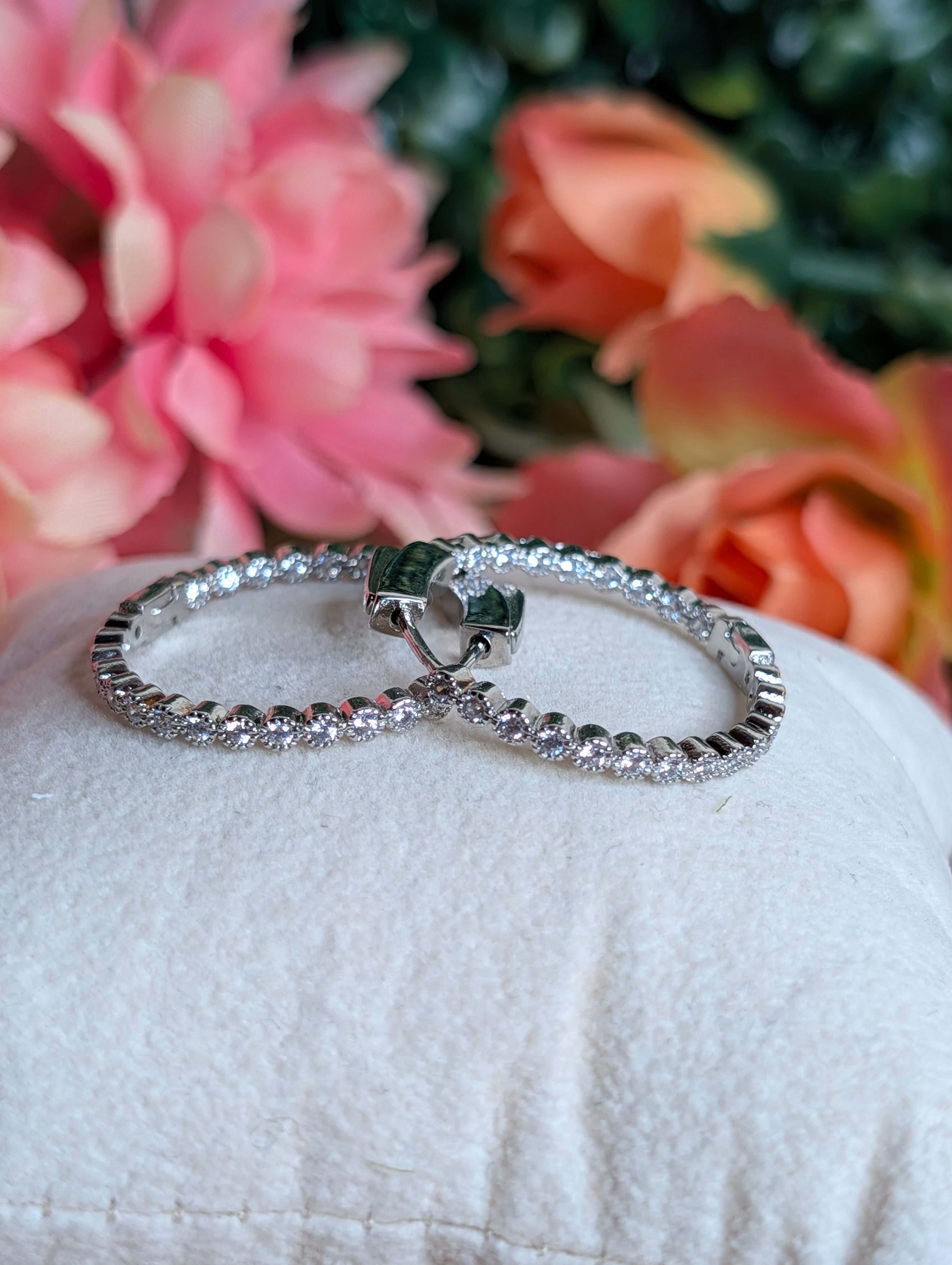 Silver Plated 1" Medium CZ Hoop Earrings