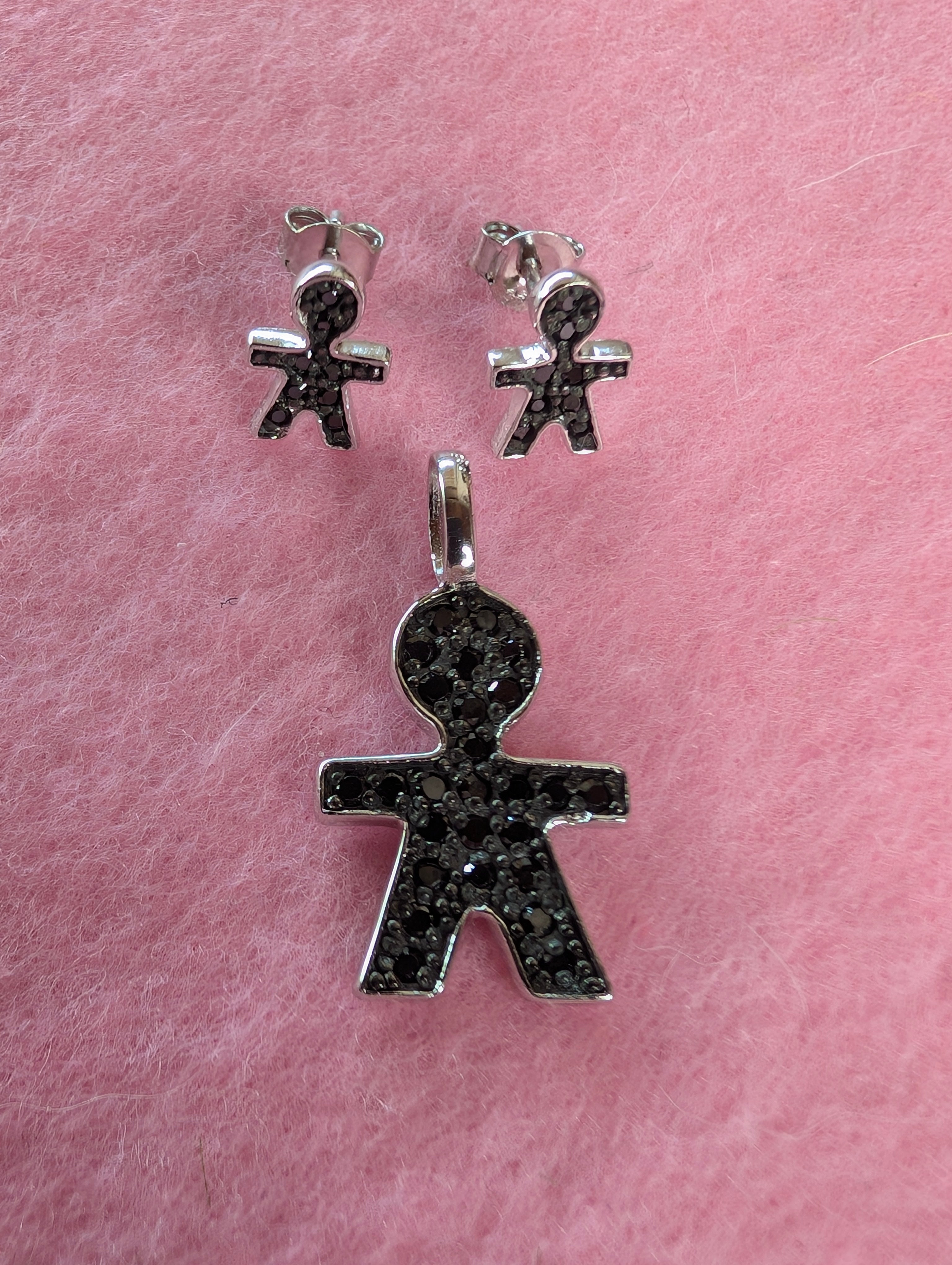 Sterling Silver Black CZ "Shape Of You" Stick Figure Pendant & Earrings Jewelry Set