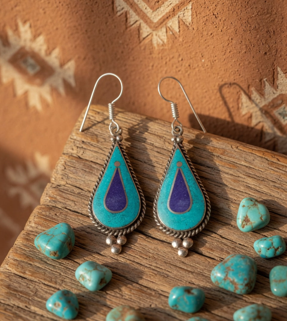 Lapis and Turquoise Teardrop Dangle Earrings with Triple Silver Ball Drop